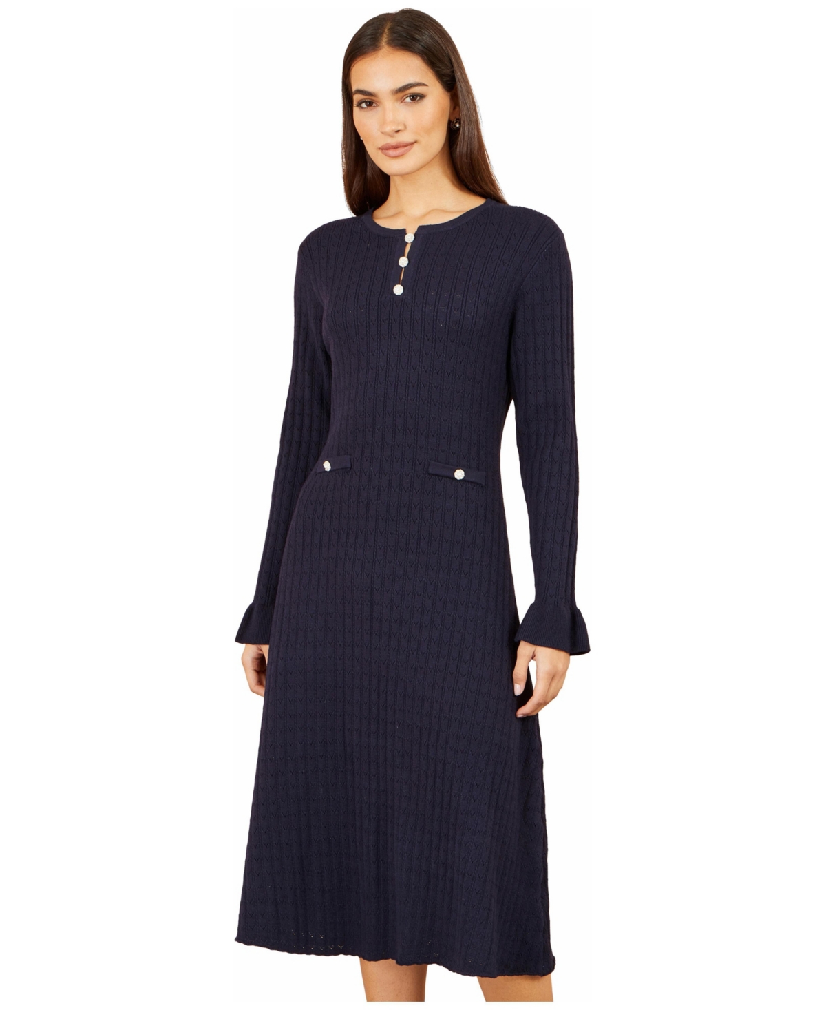 Yumi Women’s Pointelle-Knit A-Line Midi Dress – Navy