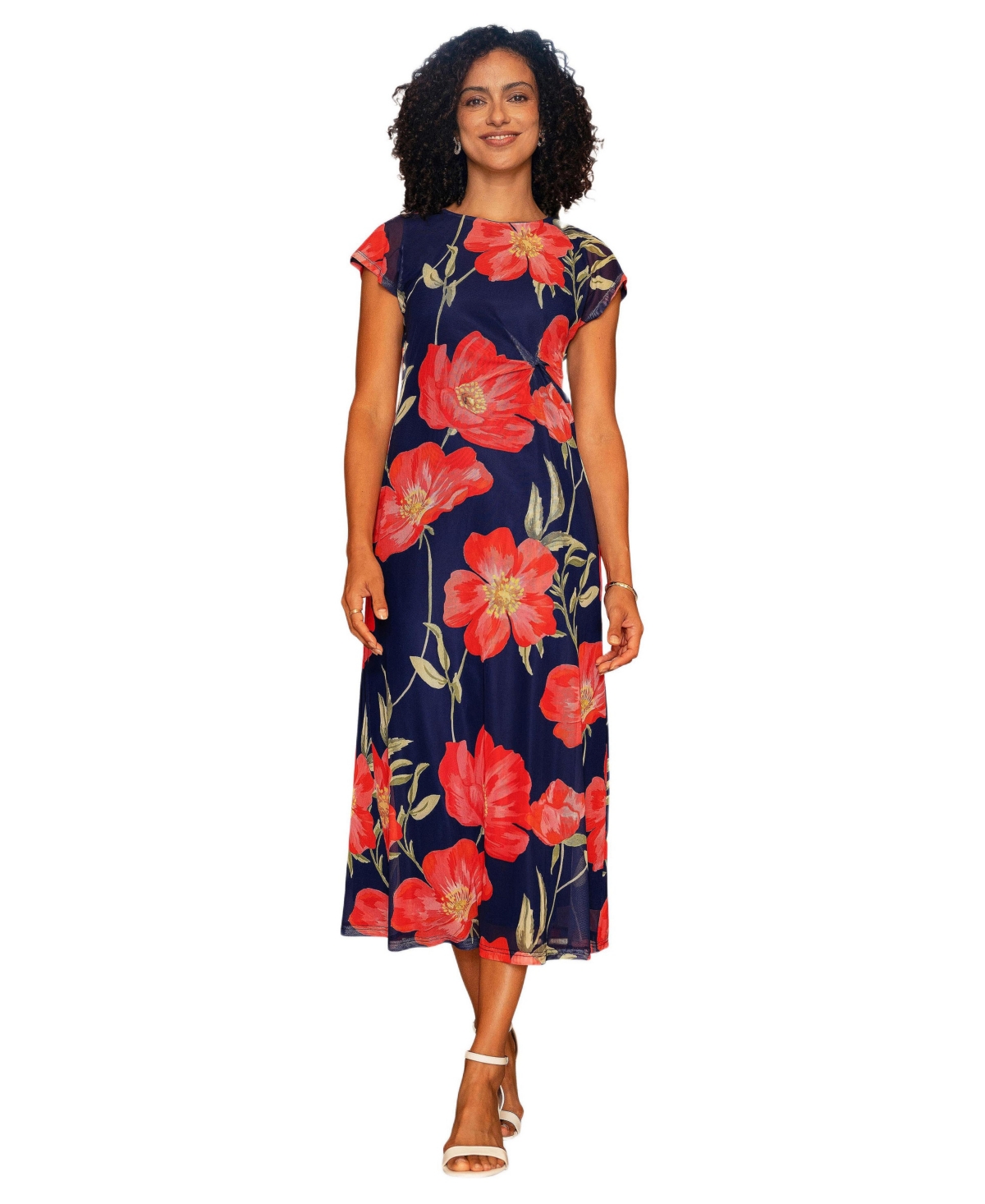 Yumi Women’s Poppy Print Midi Mesh Dress – Navy