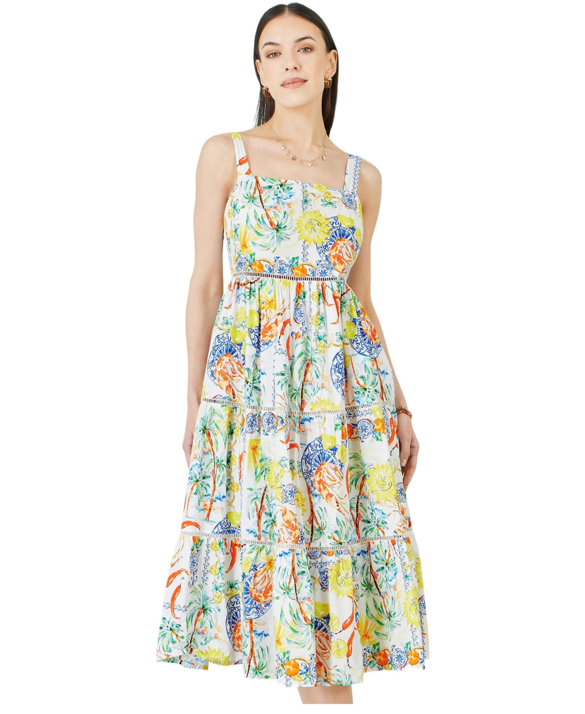 Yumi Women’s Print Cotton Midi Sun Dress – White Yumi Women’s Print Cotton Midi Sun Dress – White