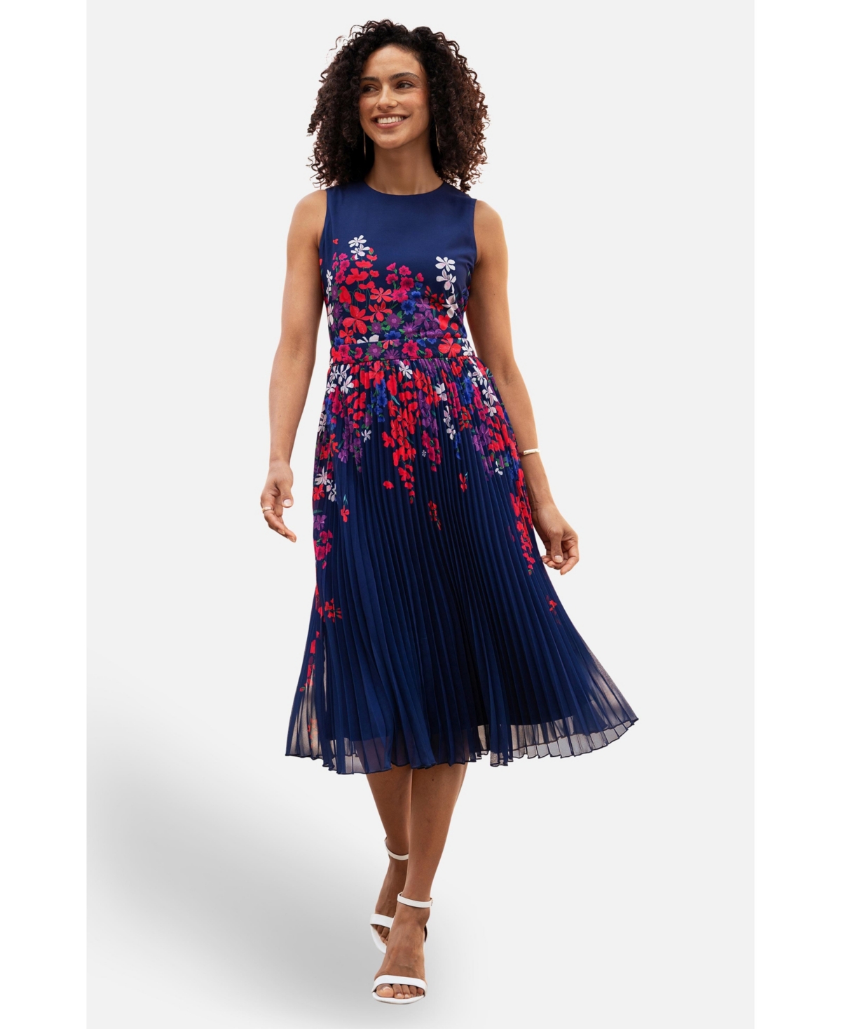 Yumi Women’s Printed Pleated Midi Dress – Navy Yumi Women’s Printed Pleated Midi Dress – Navy