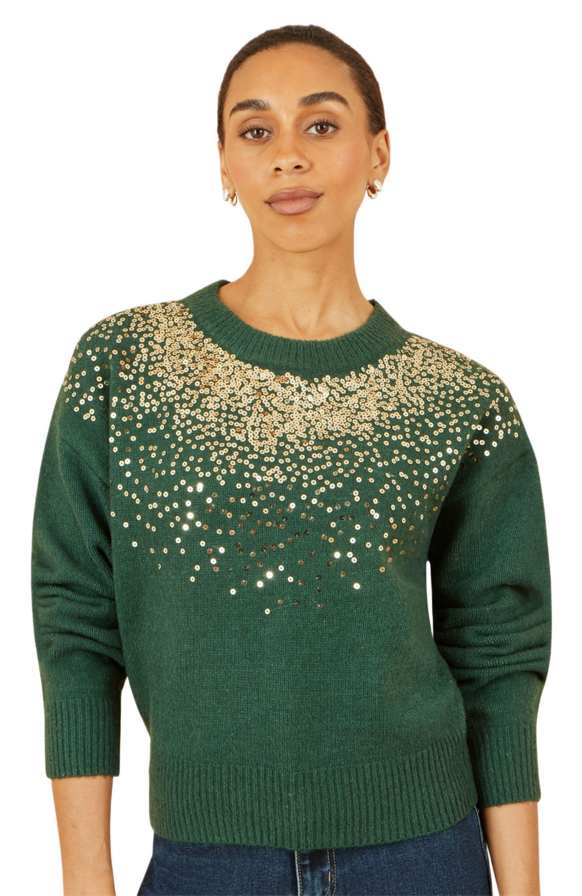 Yumi Women’s Relaxed Knitted Sequin Sweater – Green Yumi Women’s Relaxed Knitted Sequin Sweater – Green
