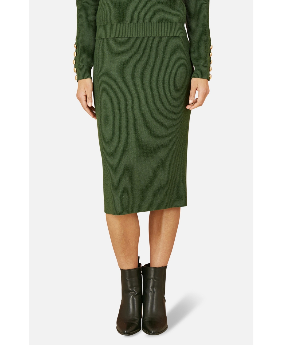 Yumi Women’s Rib Knitted Midi Column Skirt – Green