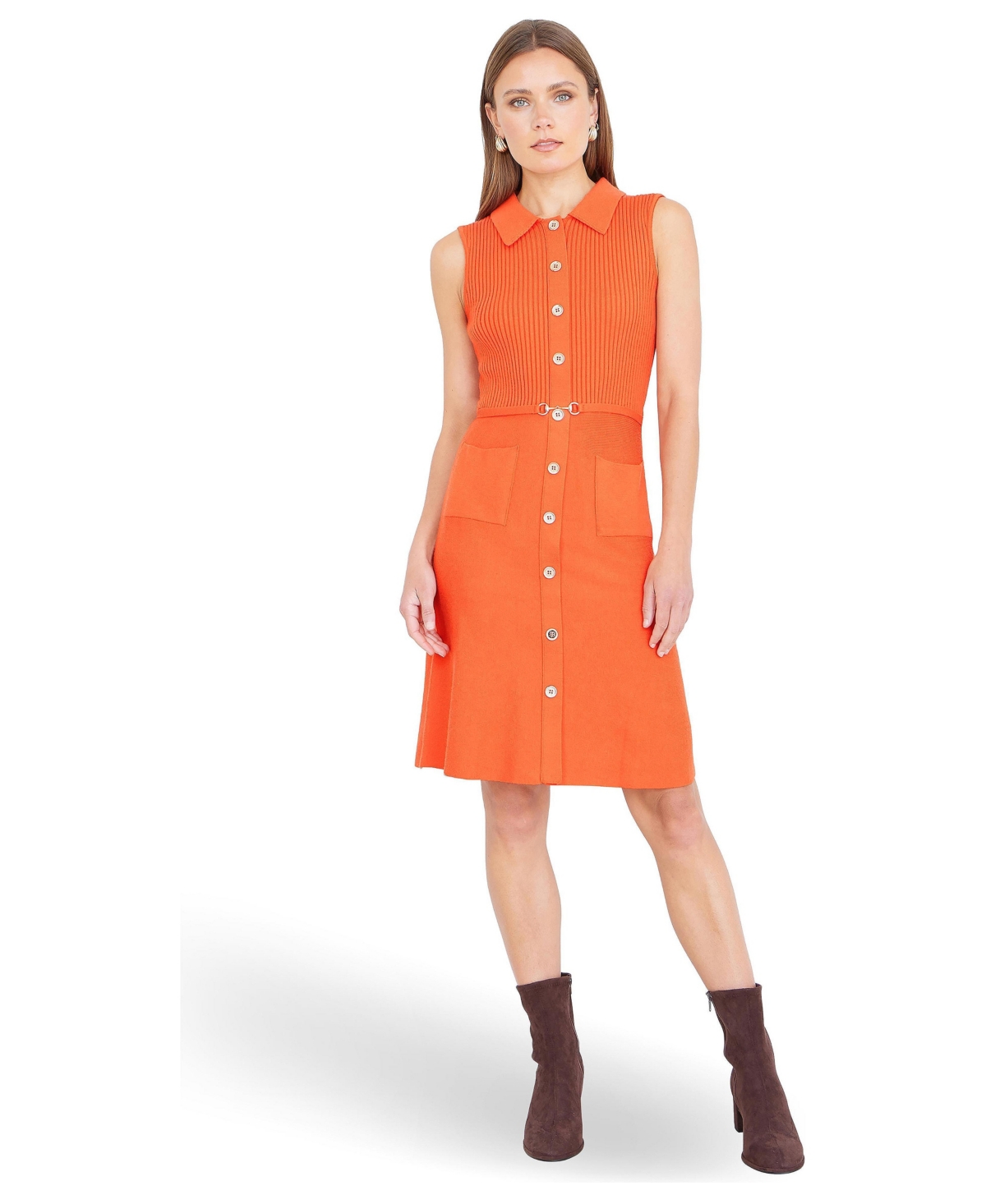 Yumi Women’s Rib Knitted With Buckle Skater Dress – Orange