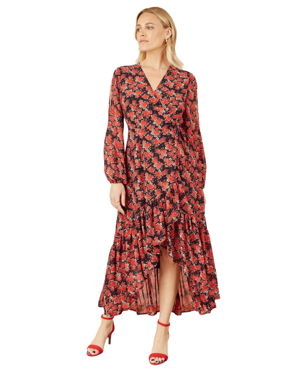 Yumi Women’s Rose Print Dipped Hemline Midi Dress – Red Yumi Women’s Rose Print Dipped Hemline Midi Dress – Red