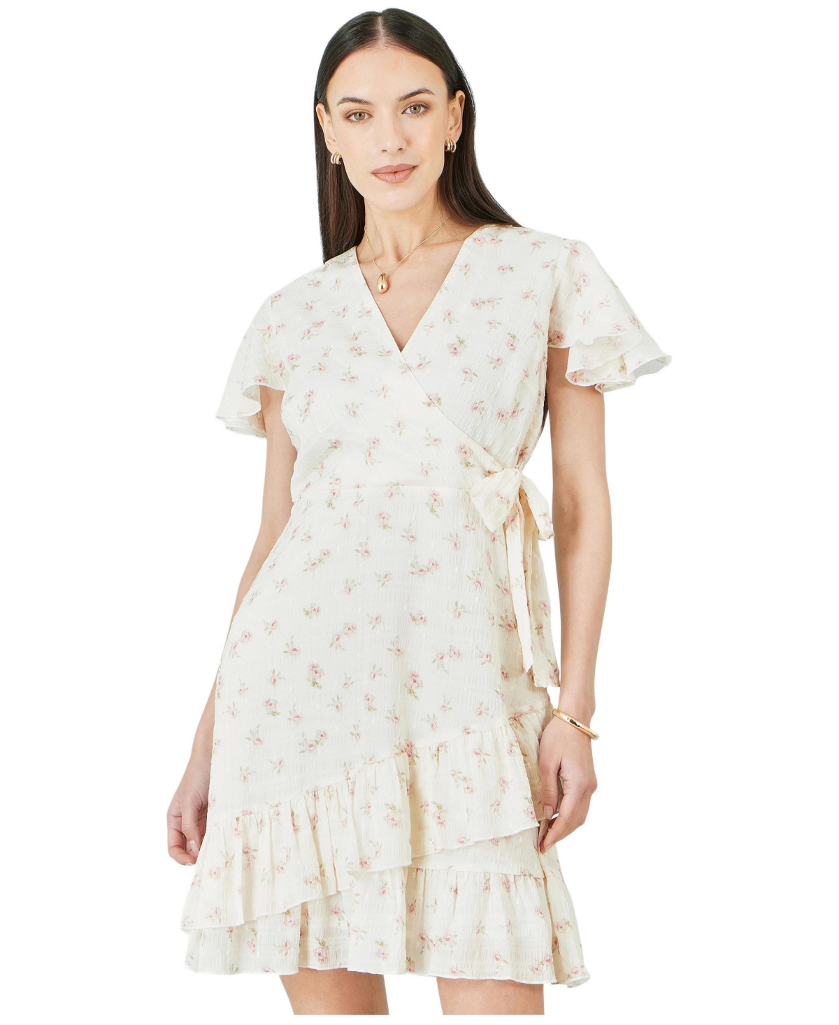Yumi Women’s Rose Print Wrap Over Frill Dress – White Yumi Women’s Rose Print Wrap Over Frill Dress – White