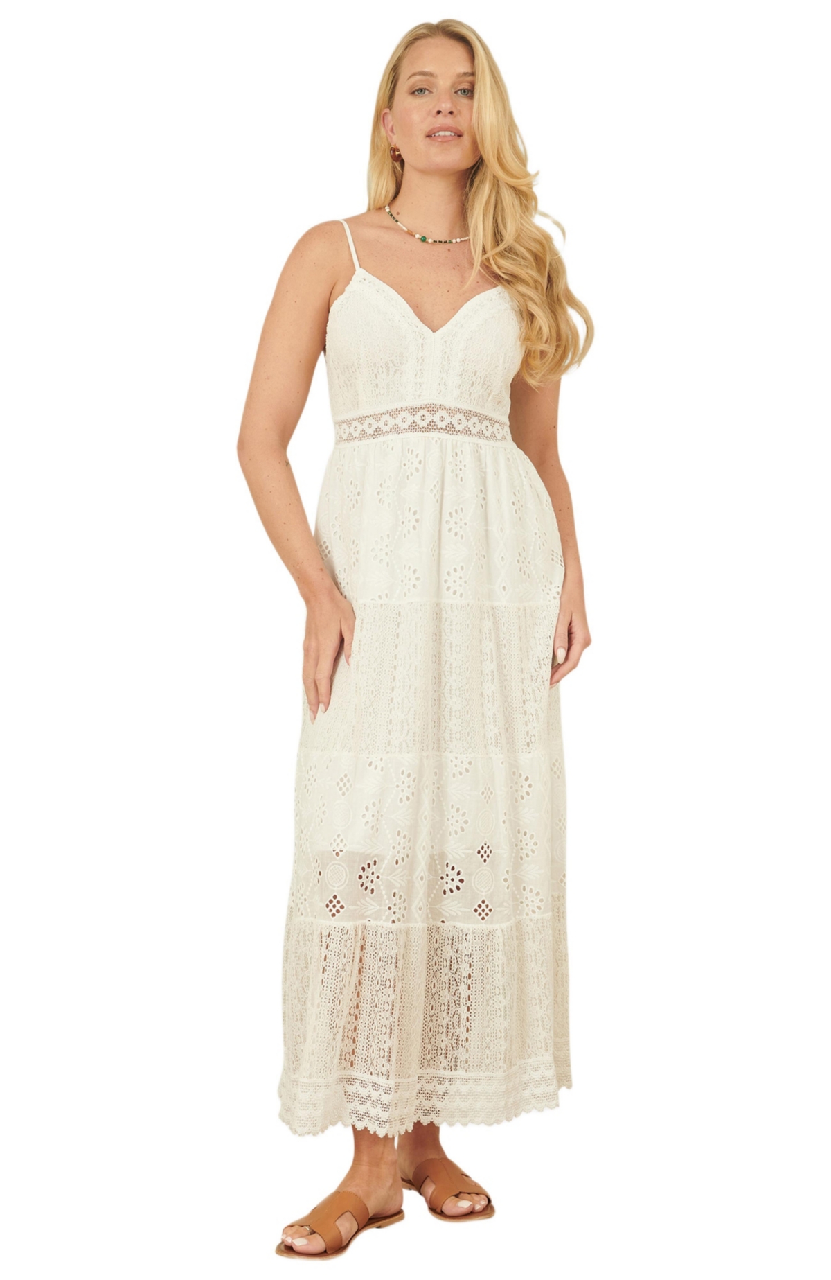 Yumi Women’s Ruched Back Tiered Maxi Dress – White