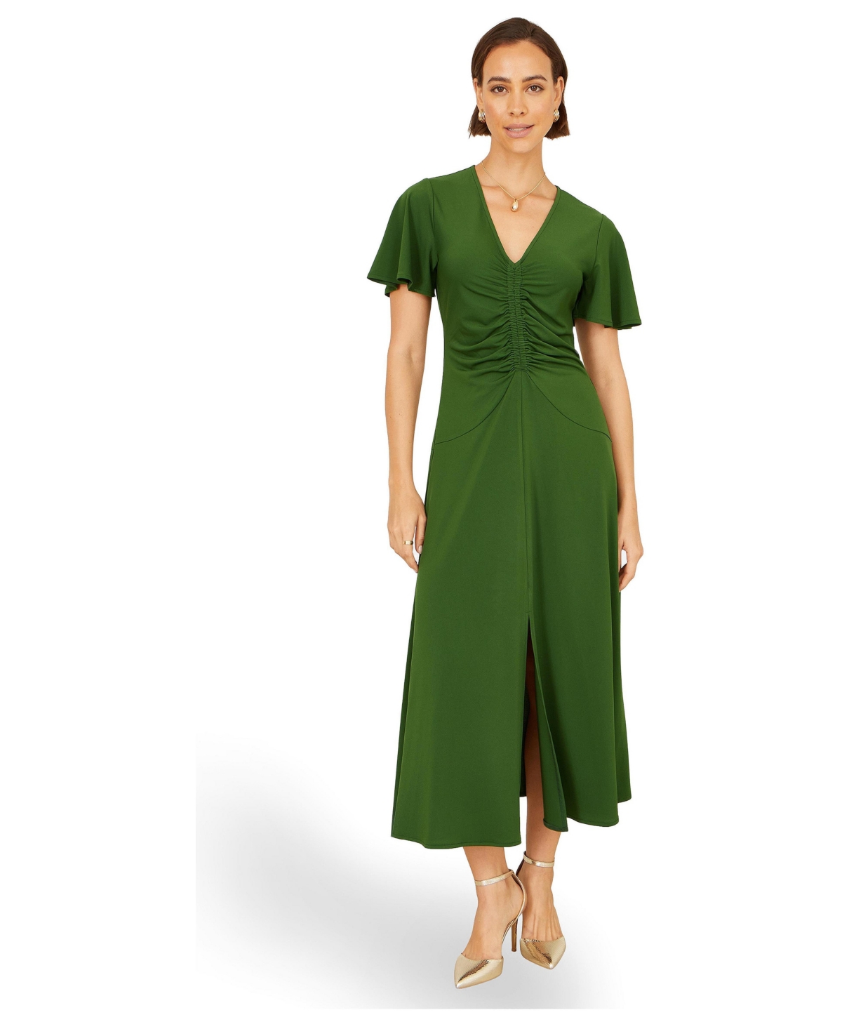 Yumi Women’s Ruched Front Stretch Midi Dress – Green Yumi Women’s Ruched Front Stretch Midi Dress – Green