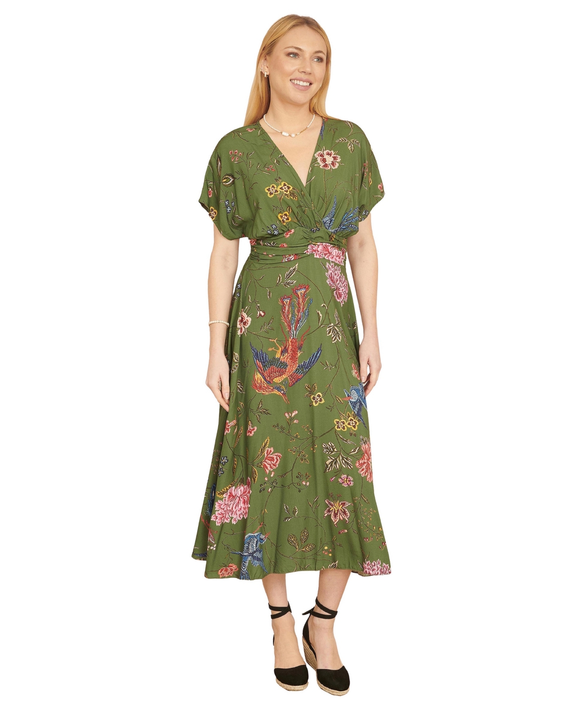 Yumi Women’s Ruched Waist Kimono Sleeve Midi Dress – Green