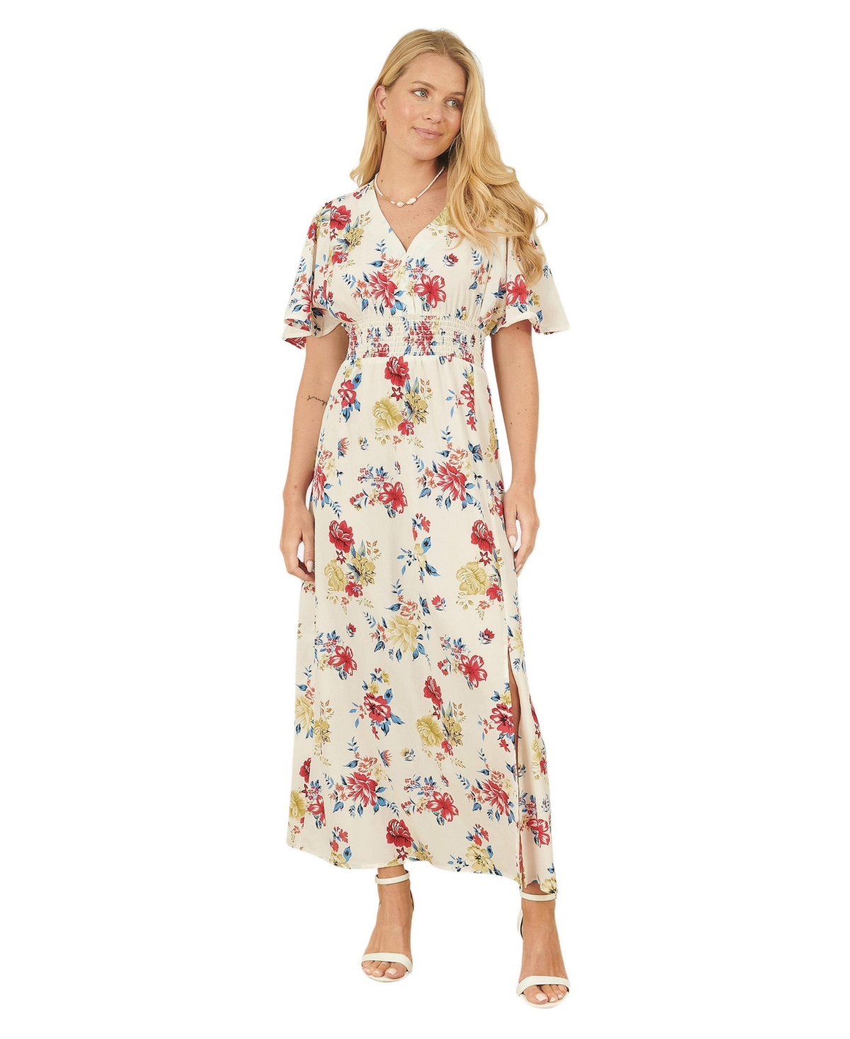 Yumi Women’s Ruched Waist V-Neck Midi Dress – Ivory