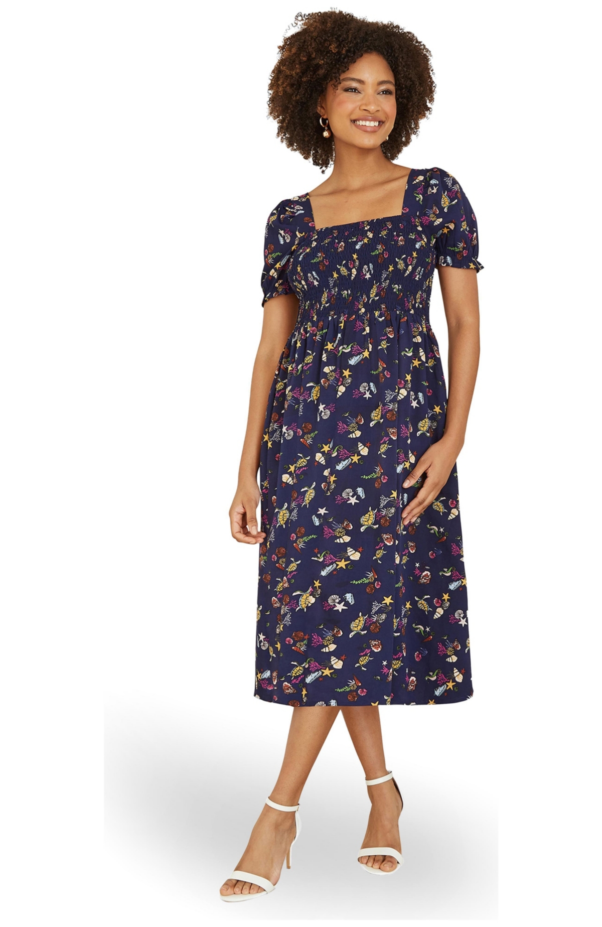 Yumi Women’s Sealife Print Smocked Bodice Midi Dress – Navy Yumi Women’s Sealife Print Smocked Bodice Midi Dress – Navy