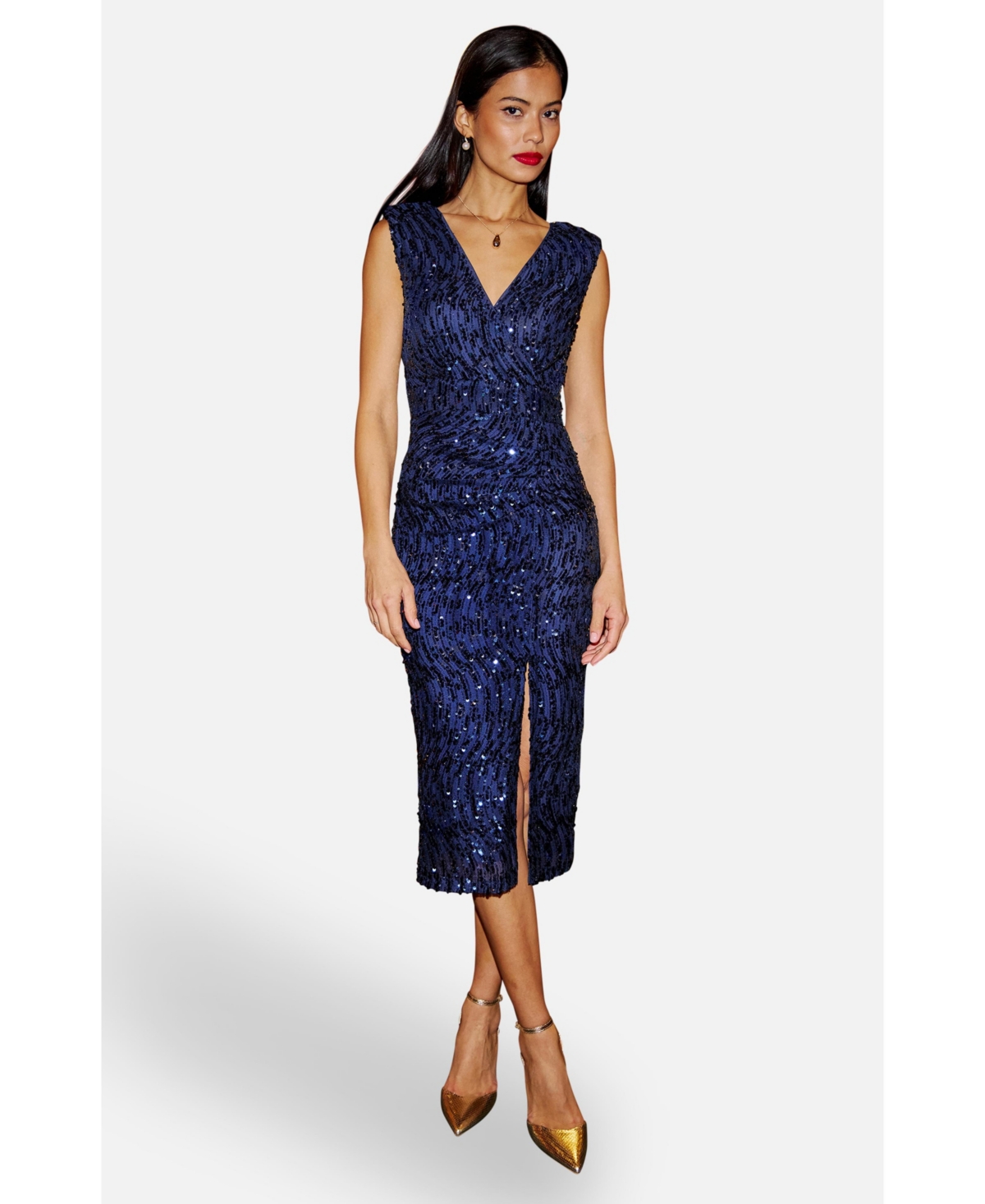 Yumi Women’s Sequin Fitted Wrap Dress With Split Hem – Navy Yumi Women’s Sequin Fitted Wrap Dress With Split Hem – Navy