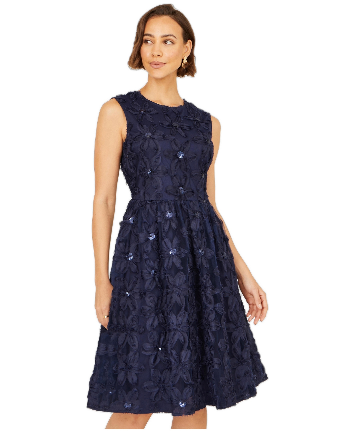 Yumi Women’s Sequin Floral Applique Skater Dress – Navy