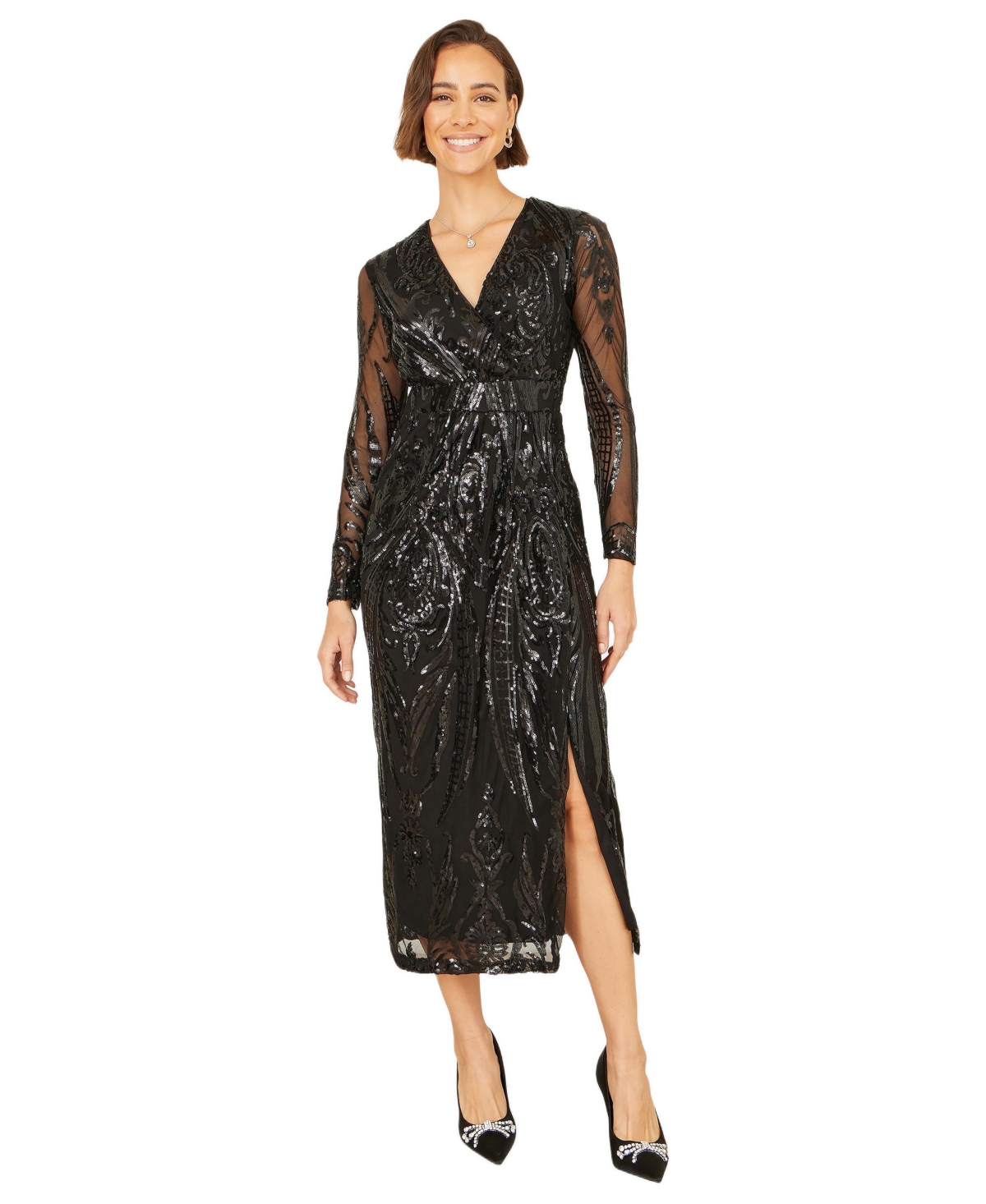 Yumi Women’s Sequin Midi Long Sleeve Wrap Dress – Black