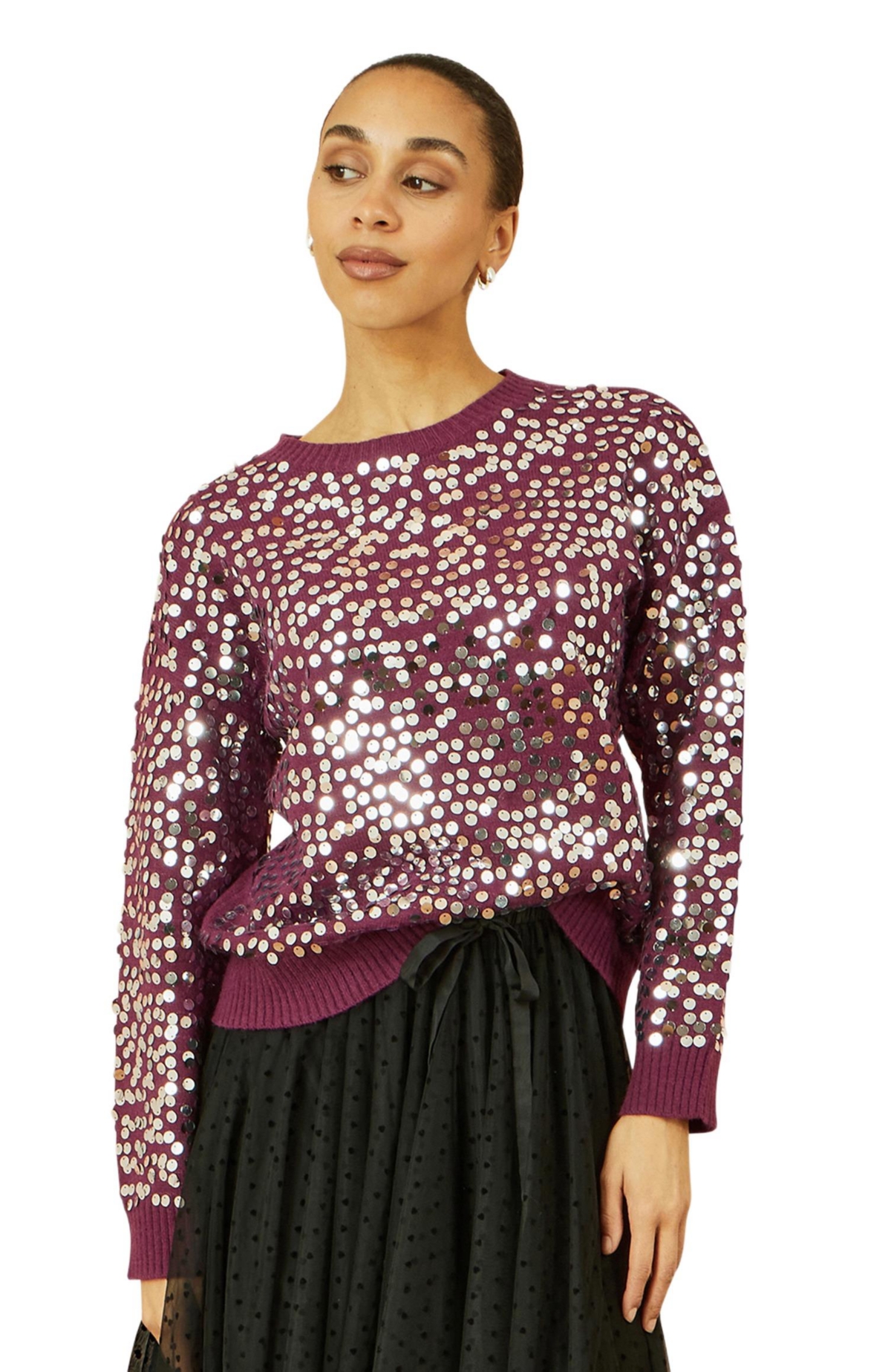 Yumi Women’s Sequin Relaxed Fit Sweater – Burgundy Yumi Women’s Sequin Relaxed Fit Sweater – Burgundy