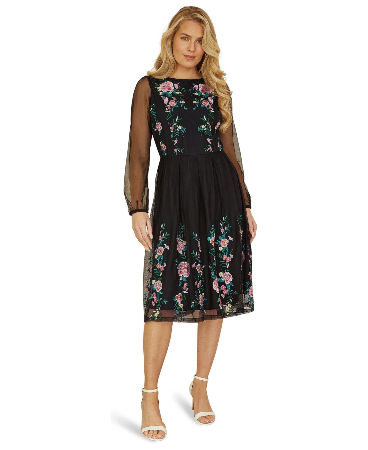 Yumi Women’s Sheer-Sleeve Floral Midi Dress – Black Yumi Women’s Sheer-Sleeve Floral Midi Dress – Black