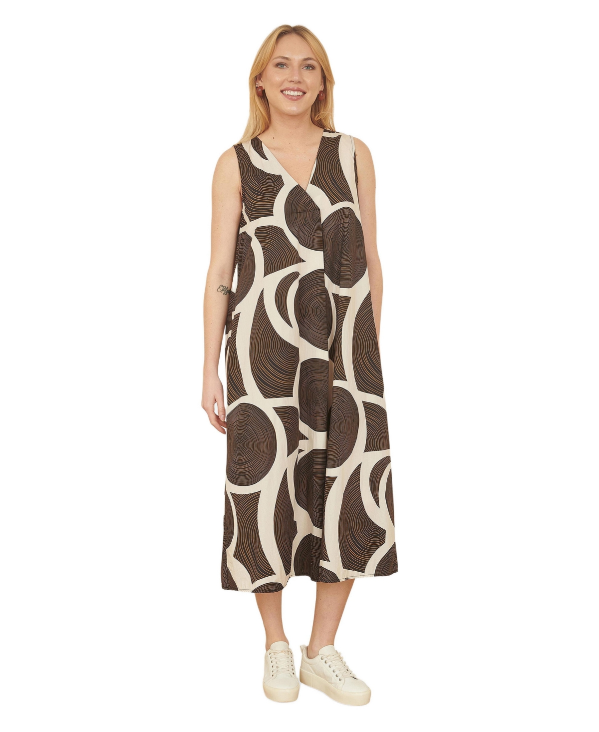 Yumi Women’s Sleeveless V-Neck Trapeze Midi Dress – Brown