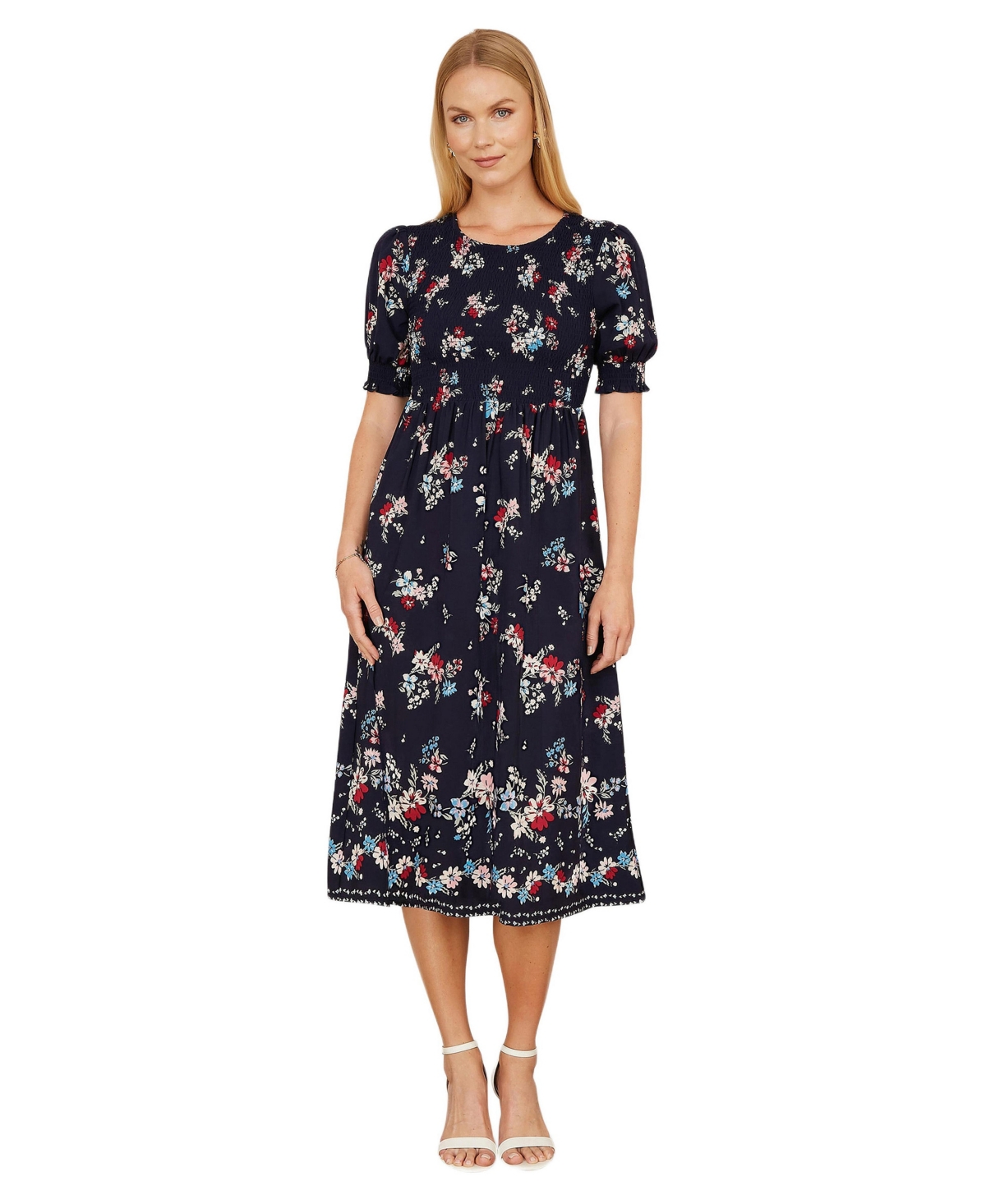 Yumi Women’s Smocked Bodice Floral Ruched Midi Dress – Navy Yumi Women’s Smocked Bodice Floral Ruched Midi Dress – Navy