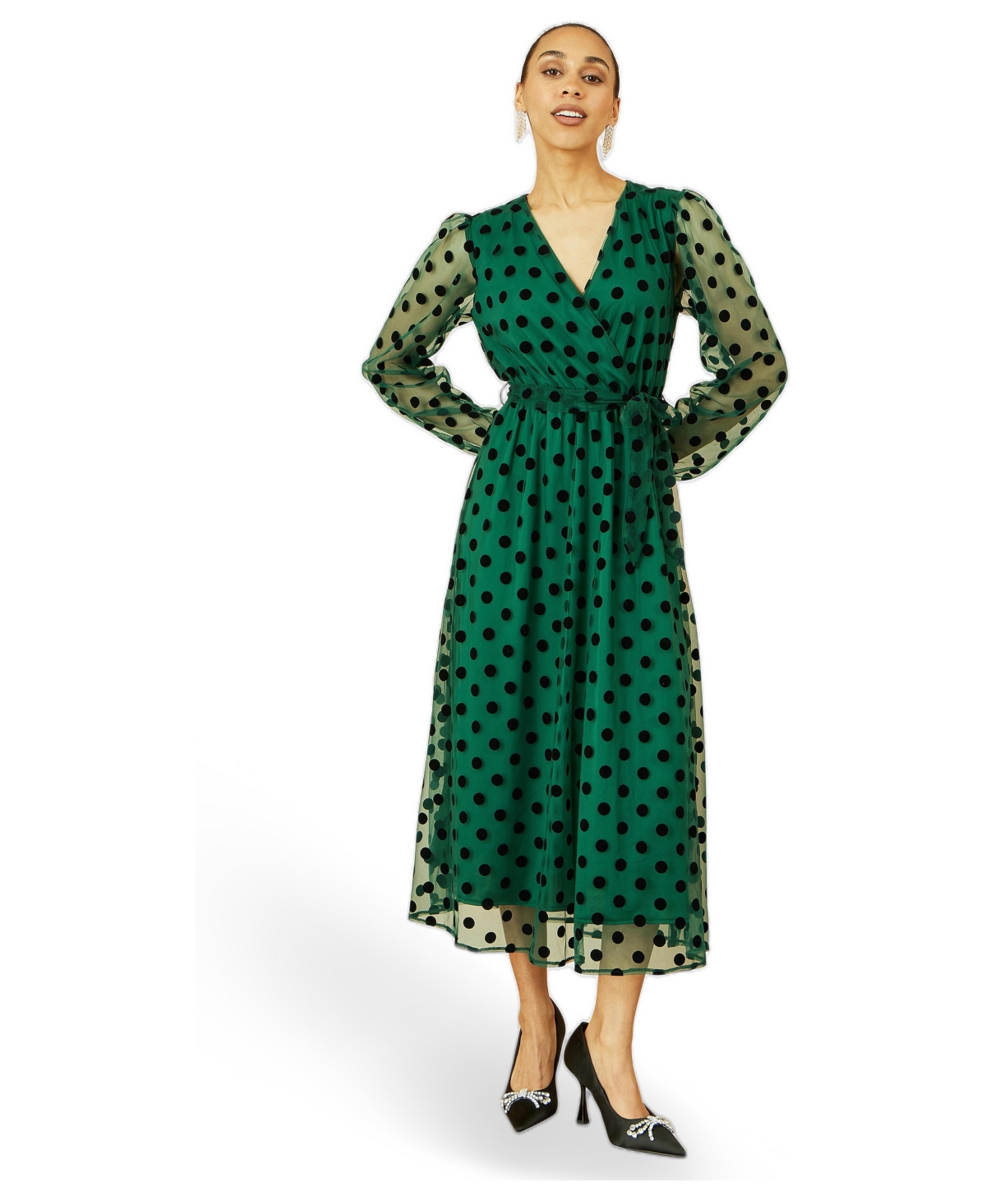 Yumi Women’s Spot Mesh Wrap Midi Skater Dress – Green