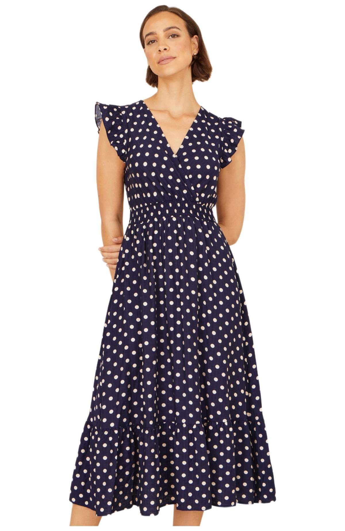 Yumi Women’s Spot Ruched Waist Midi Dress – Navy Yumi Women’s Spot Ruched Waist Midi Dress – Navy