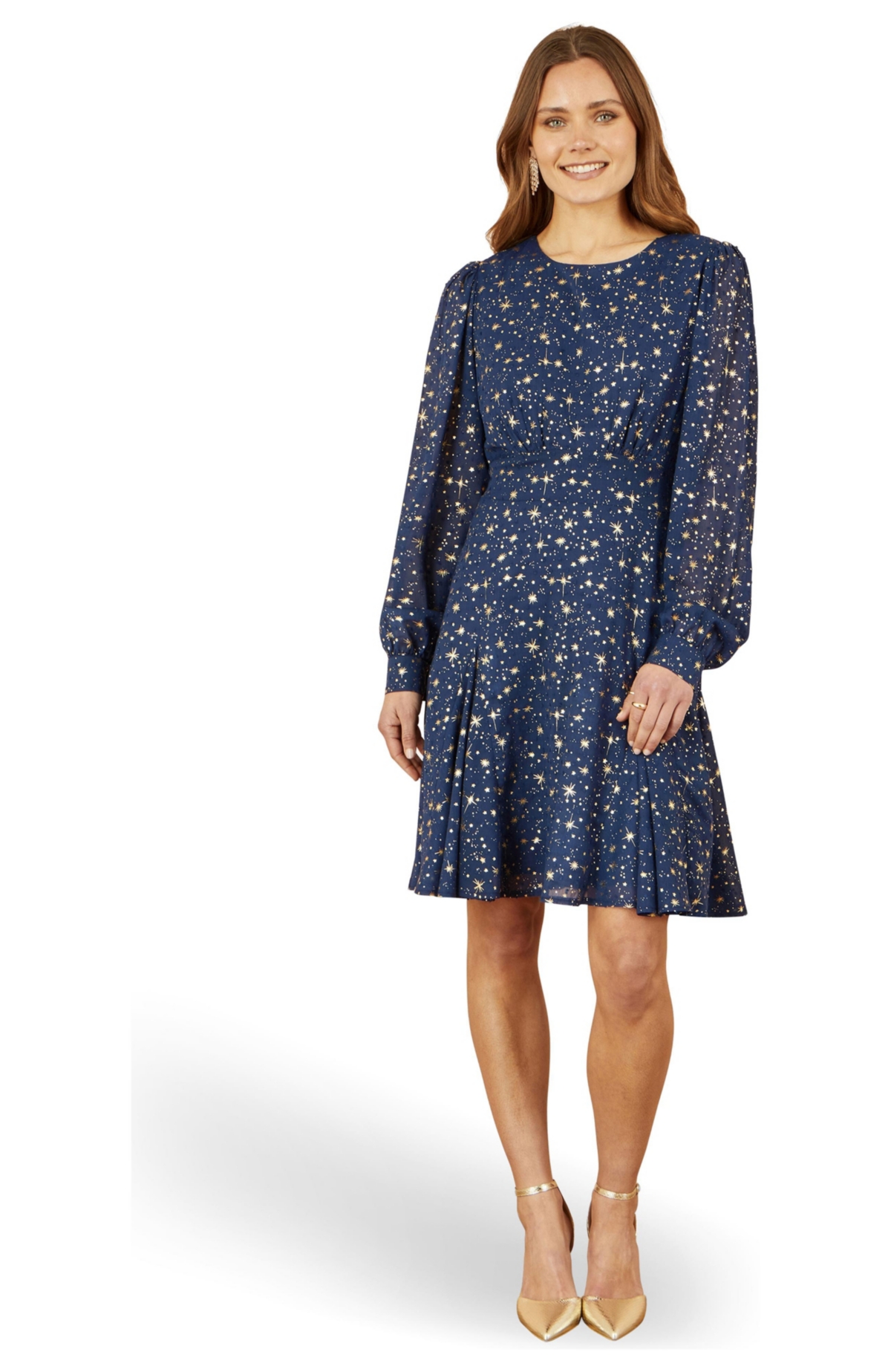 Yumi Women’s Star Print Foil Long Sleeve Dress – Navy Yumi Women’s Star Print Foil Long Sleeve Dress – Navy