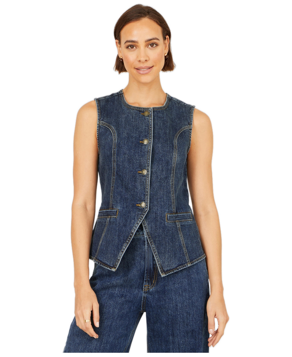 Yumi Women’s Stretch Long Denim Waistcoat – Blue Yumi Women’s Stretch Long Denim Waistcoat – Blue