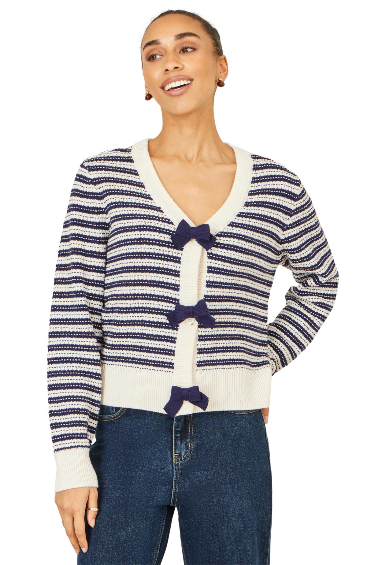 Yumi Women’s Stripe With Bow Detail Cardigan – Navy Yumi Women’s Stripe With Bow Detail Cardigan – Navy