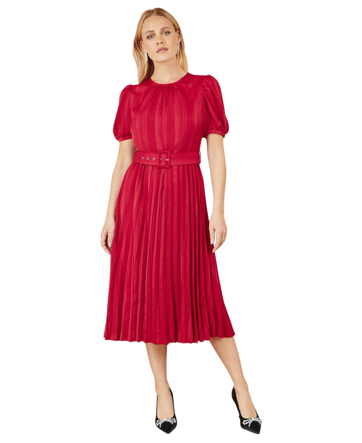 Yumi Women’s Striped Satin Midi Dress Stylish Belted Partywear – Red Yumi Women’s Striped Satin Midi Dress Stylish Belted Partywear – Red