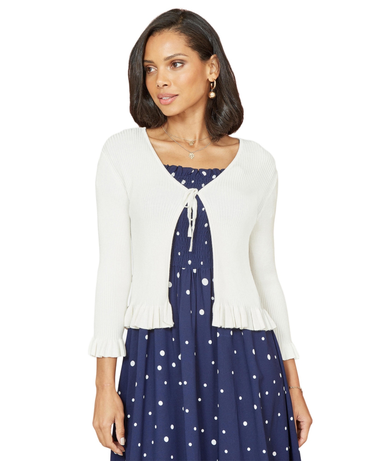 Yumi Women’s Tie Front Frilled Hem Ribbed Cardigan – Ivory Yumi Women’s Tie Front Frilled Hem Ribbed Cardigan – Ivory