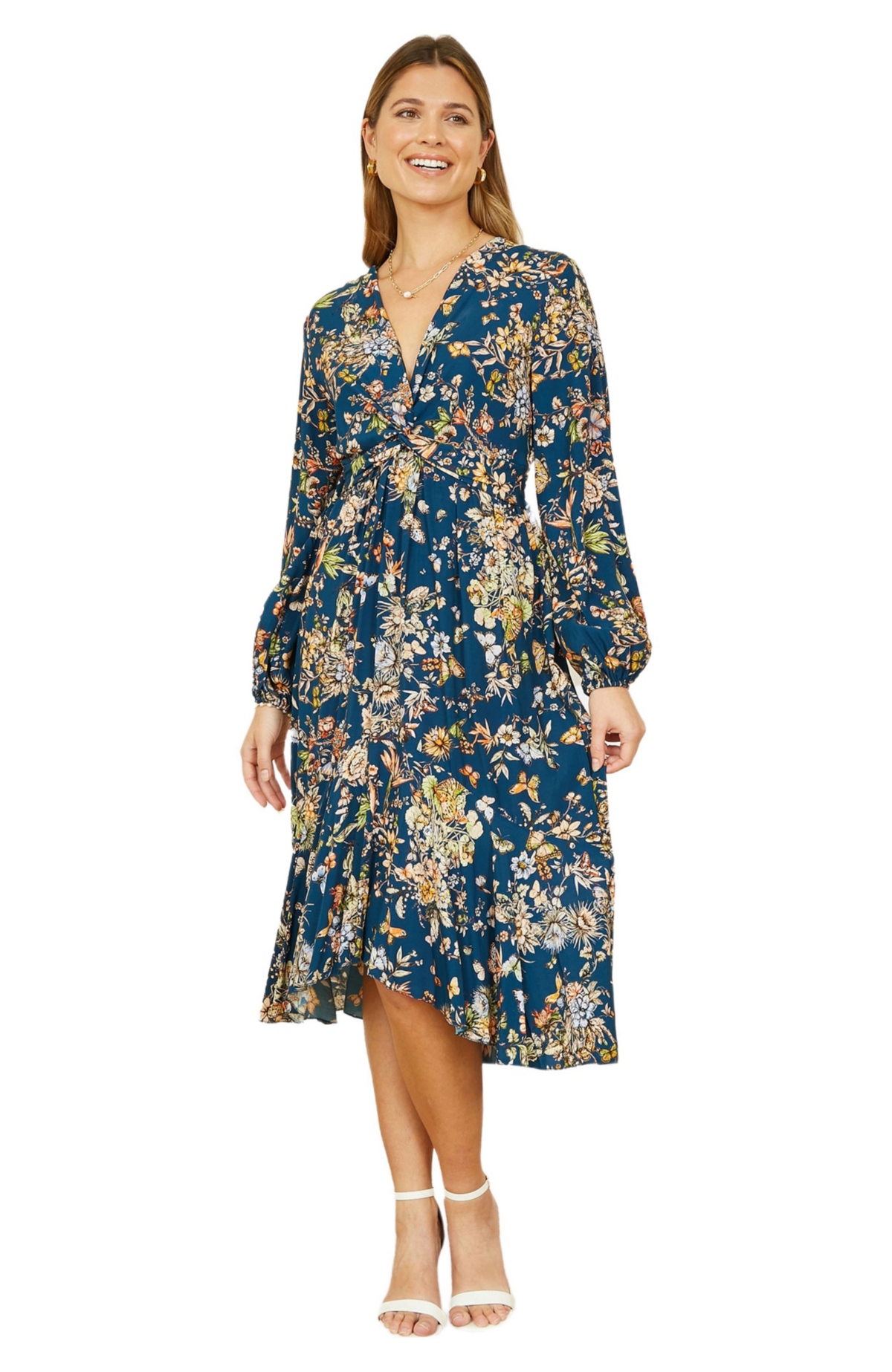 Yumi Women’s Tie Knot Front Long Sleeve Midi Dress – Navy Yumi Women’s Tie Knot Front Long Sleeve Midi Dress – Navy