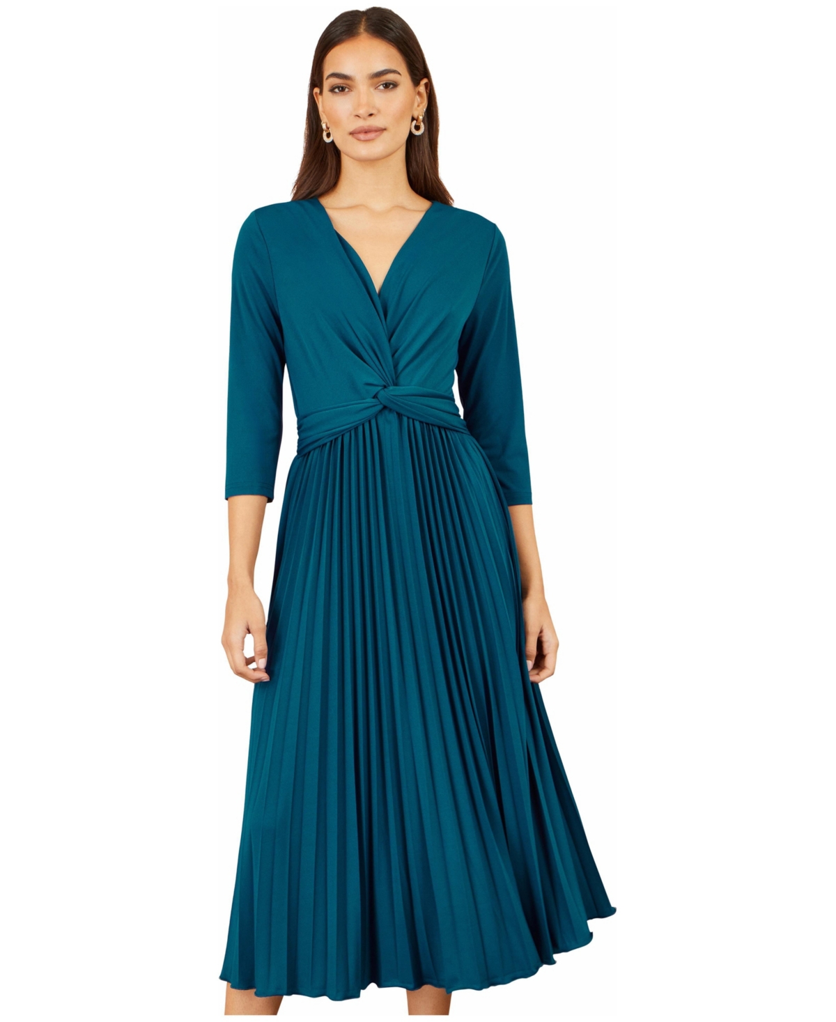 Yumi Women’s V-Neck 3/4 Sleeve Pleated Midi Dress – Teal Yumi Women’s V-Neck 3/4 Sleeve Pleated Midi Dress – Teal