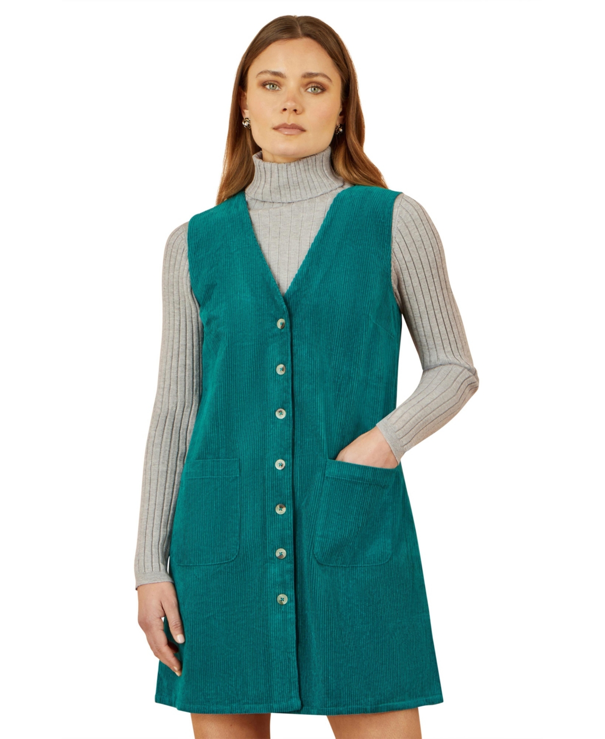 Yumi Women’s V-Neck Cord Pinafore Dress – Teal Yumi Women’s V-Neck Cord Pinafore Dress – Teal