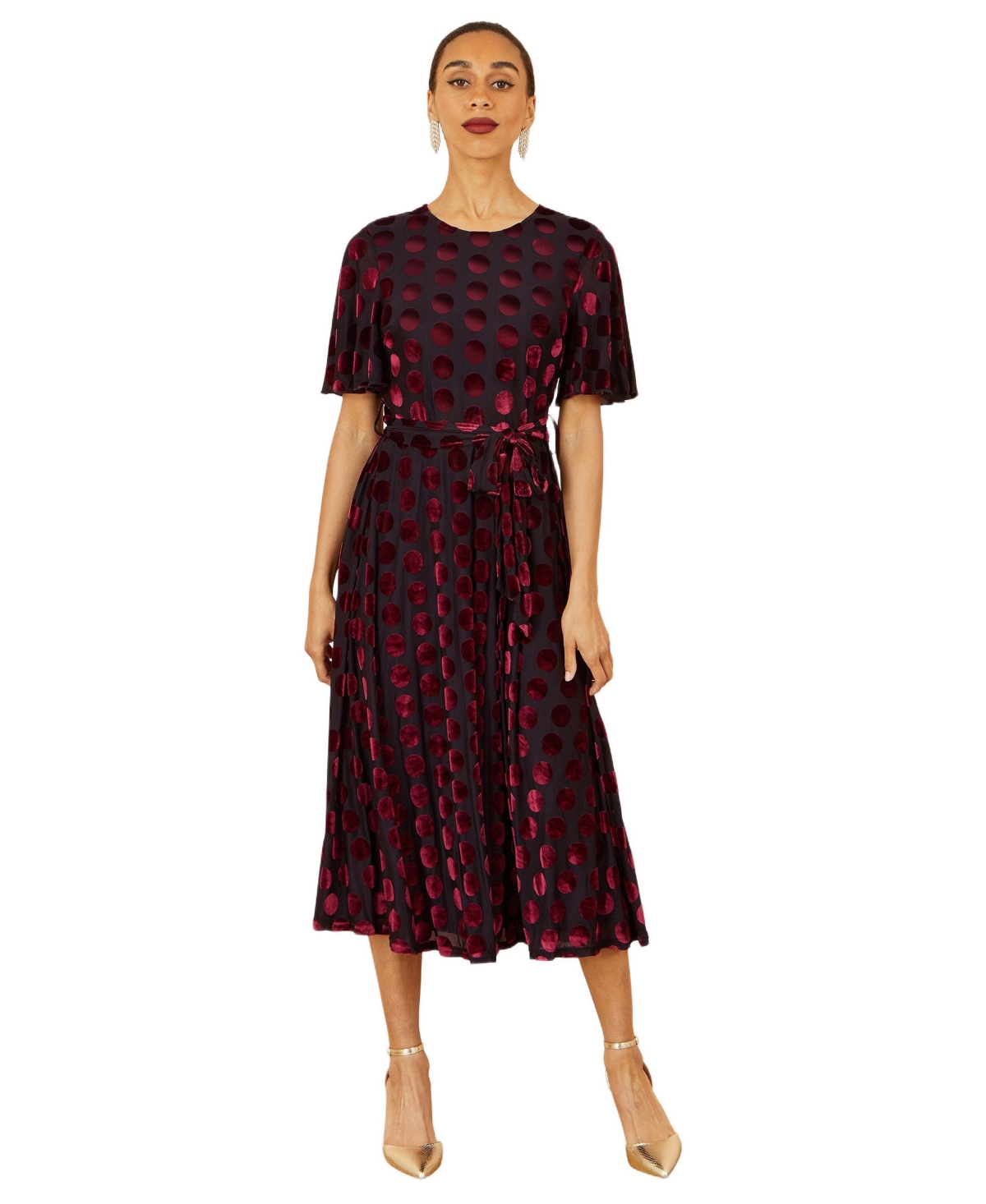 Yumi Women’s Velour Spot Midi Skater Dress – Burgundy