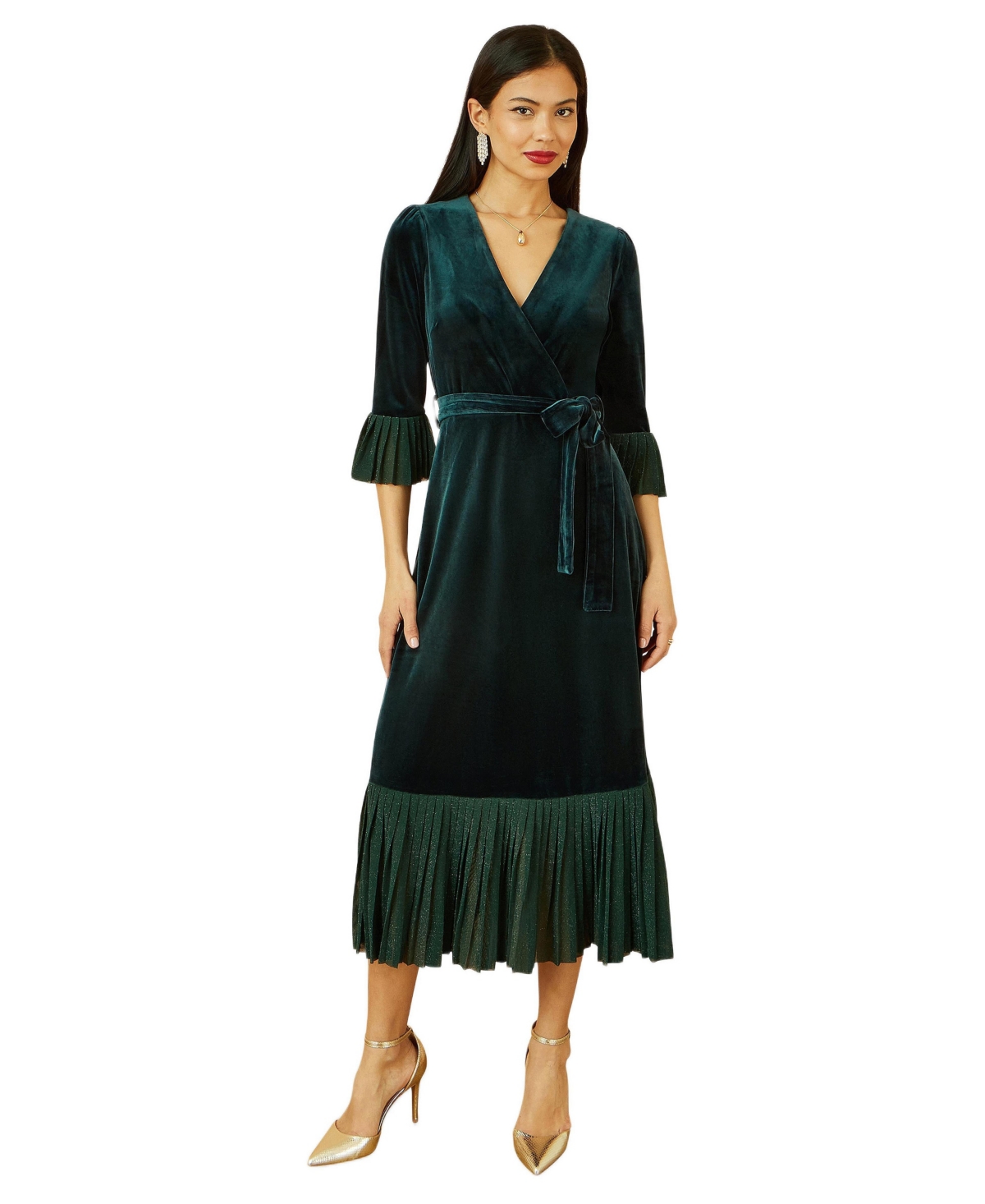 Yumi Women’s Velvet Midi Pleat Detail Wrap Dress – Green Yumi Women’s Velvet Midi Pleat Detail Wrap Dress – Green