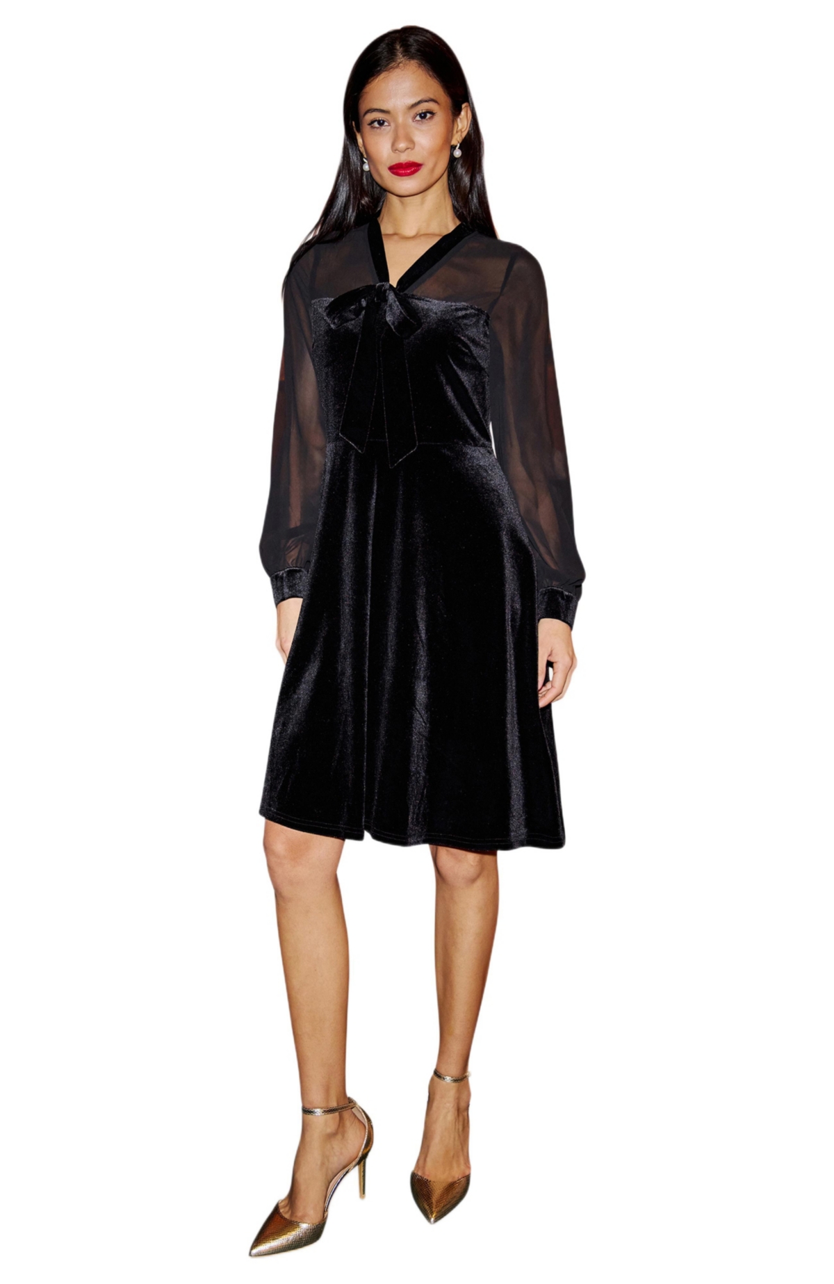 Yumi Women’s Velvet Sheer Sleeves Skater Dress – Black Yumi Women’s Velvet Sheer Sleeves Skater Dress – Black