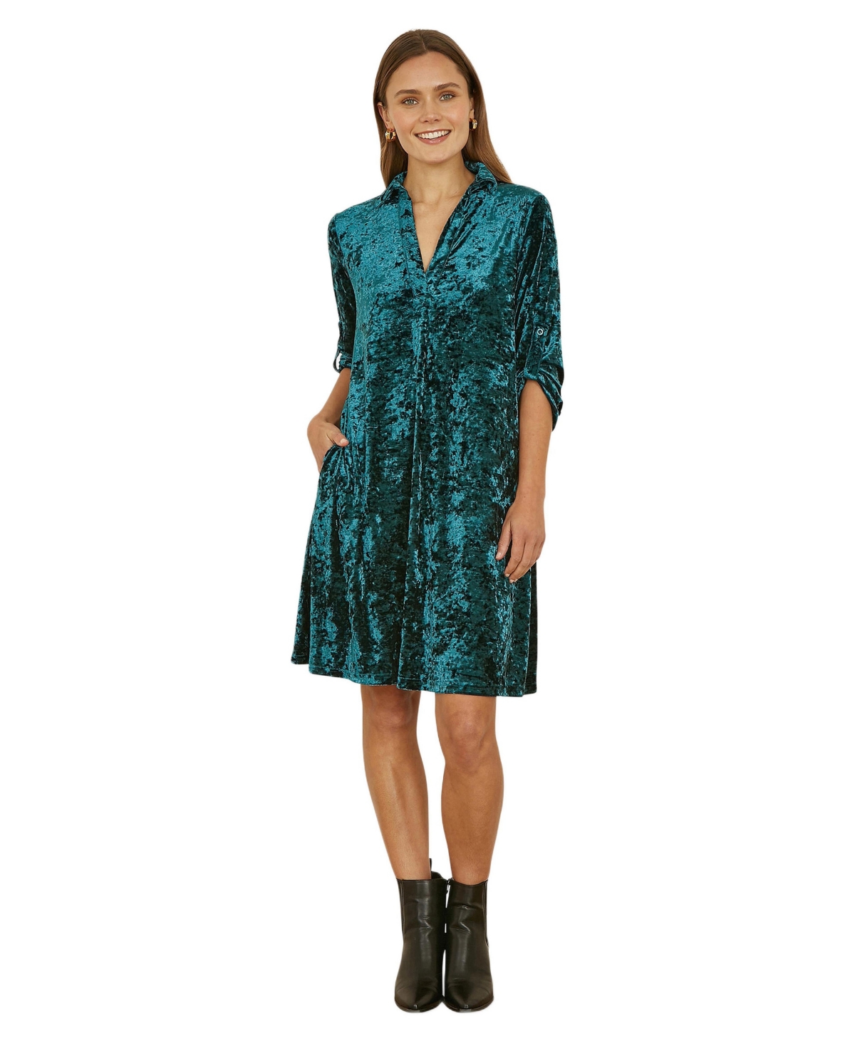 Yumi Women’s Velvet Sleeve Collared Tunic Dress – Green Yumi Women’s Velvet Sleeve Collared Tunic Dress – Green