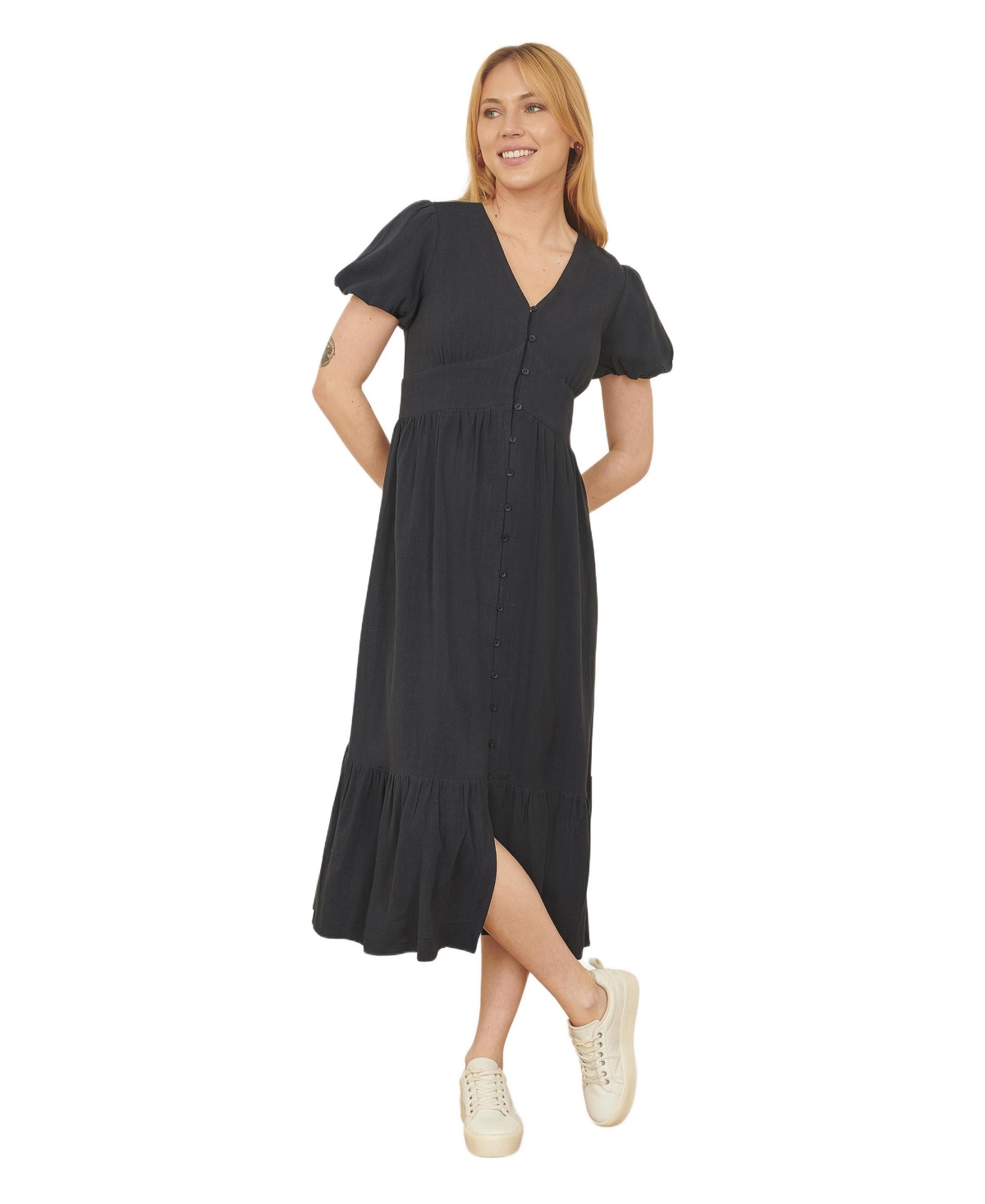Yumi Women’s Viscose Button Through Midi Dress – Black Yumi Women’s Viscose Button Through Midi Dress – Black