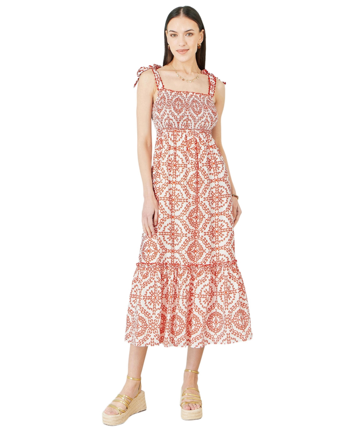 Yumi Women’s Viscose Ruched Tie Strap Midi Sun Dress – Red Yumi Women’s Viscose Ruched Tie Strap Midi Sun Dress – Red
