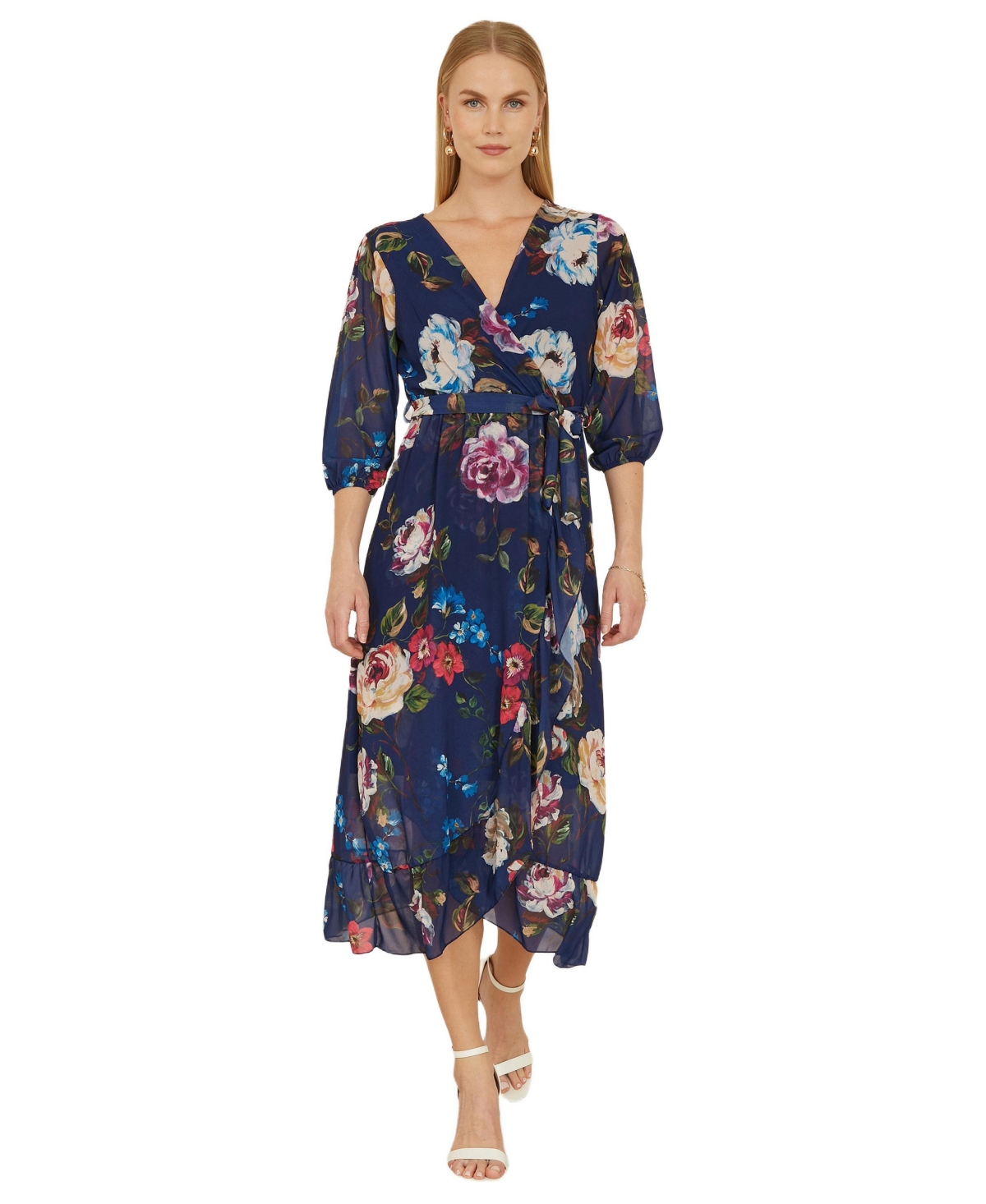 Yumi Women’s Watercolour Dip Hem Midi Wrap Dress – Navy