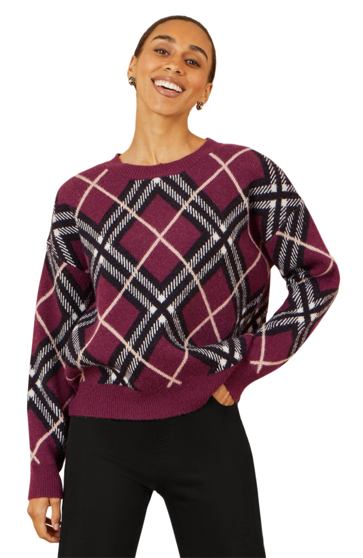 Yumi Women’s Woomen’s Argyle Check Relaxed Sweater – Burgundy