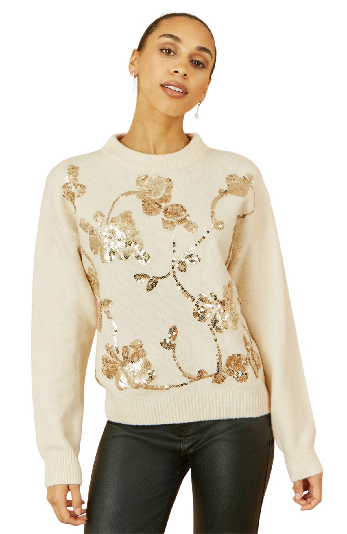 Yumi Women’s ‘s Relaxed Fit Floral Sequin Sweater – Oatmeal Yumi Women’s ‘s Relaxed Fit Floral Sequin Sweater – Oatmeal