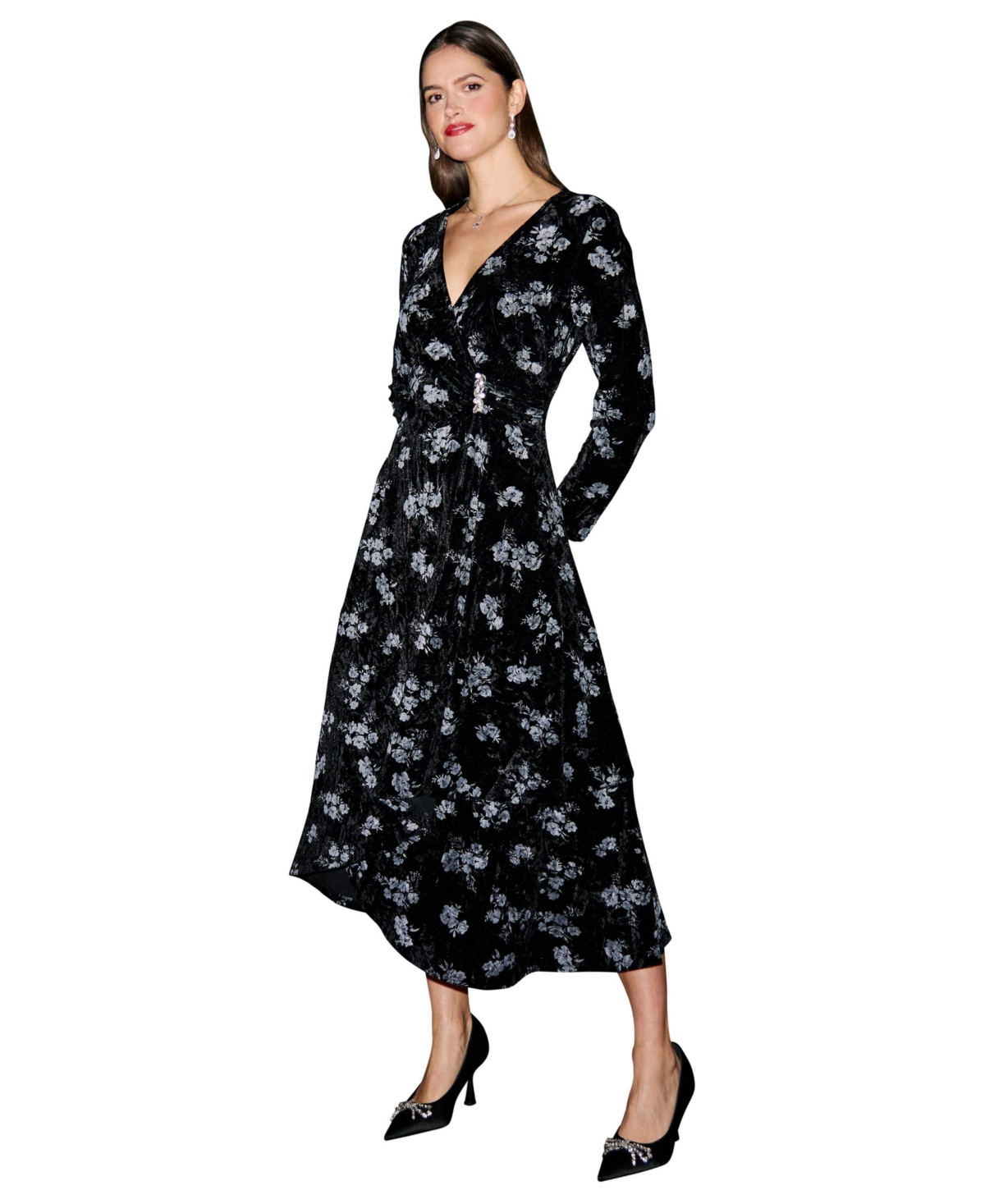 Yumi women’s Floral Velvet Midi Wrap Dress – Black Yumi women’s Floral Velvet Midi Wrap Dress – Black
