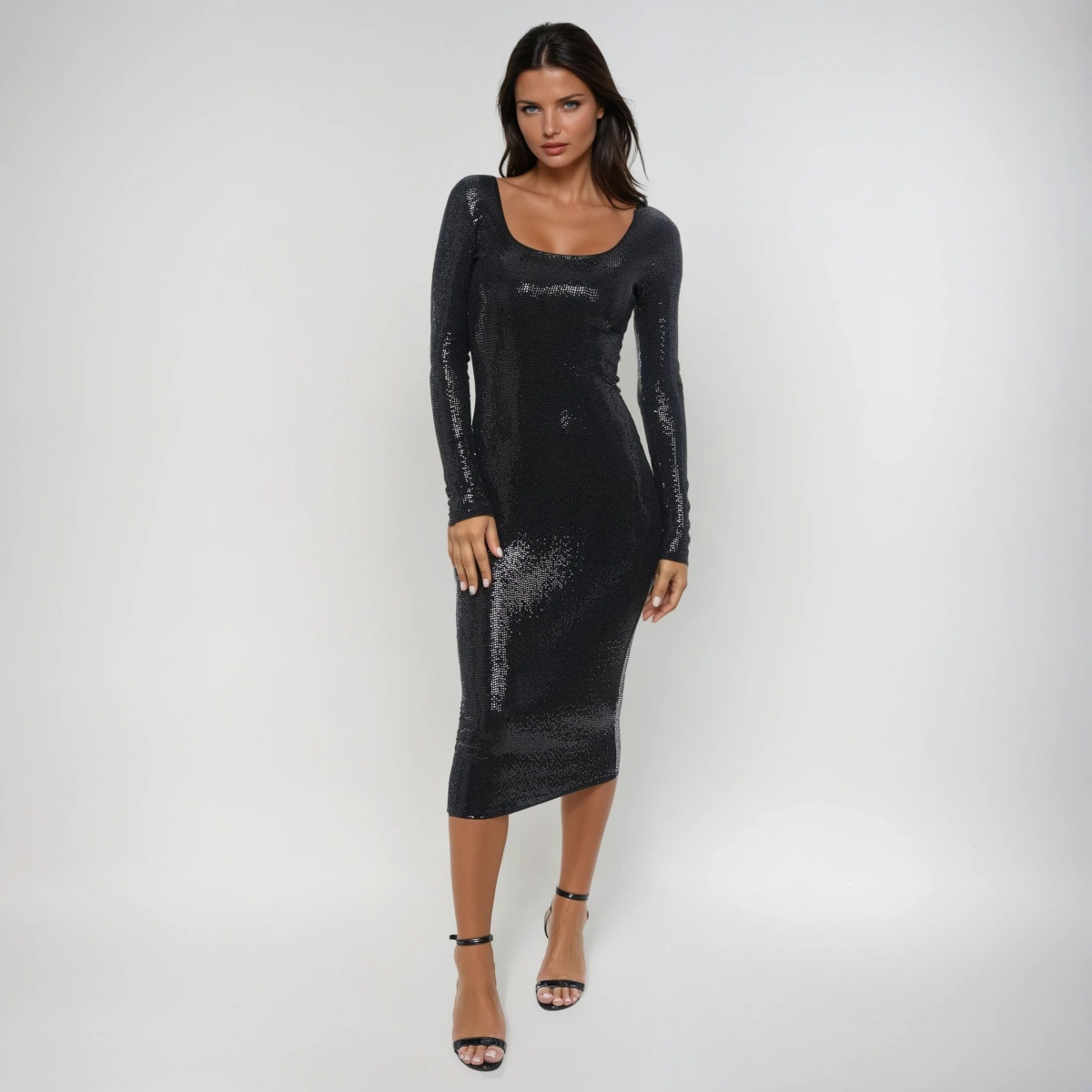bebe Women’s Long Sleeve Square Neck Disco Dot Maxi Dress – Black