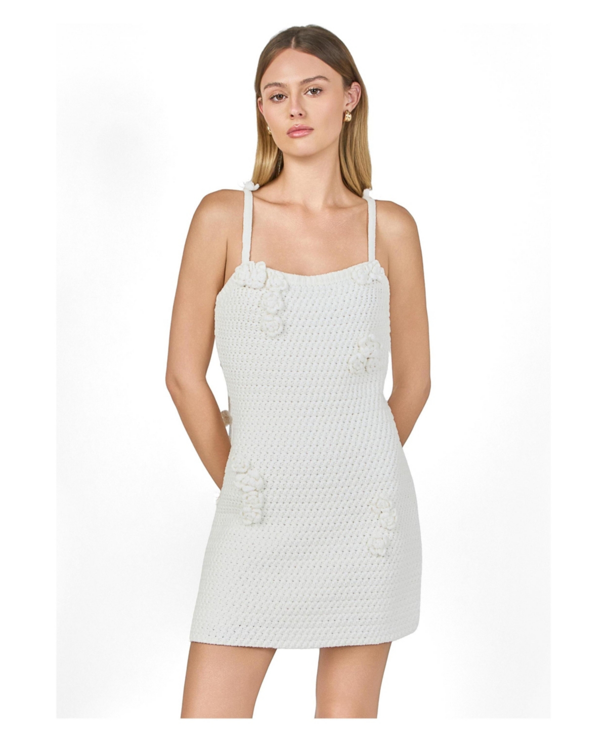 endless rose Women’s Flower Trim Strap Tie Mini Dress – White endless rose Women’s Flower Trim Strap Tie Mini Dress – White