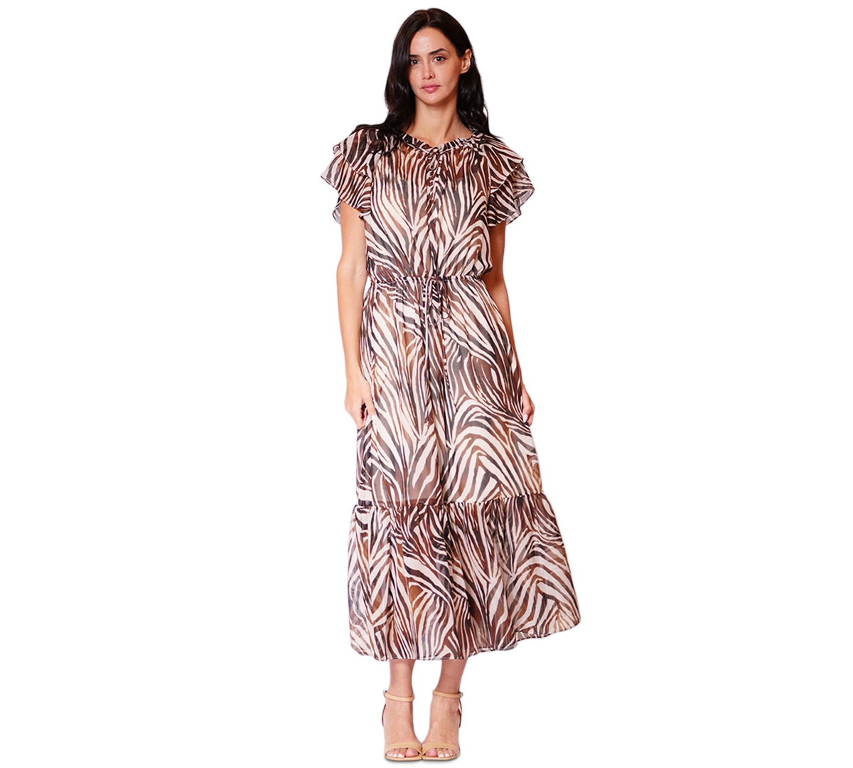 julia jordan Women’s Crewneck Flutter-Sleeve Midi Dress – Brown Multi
