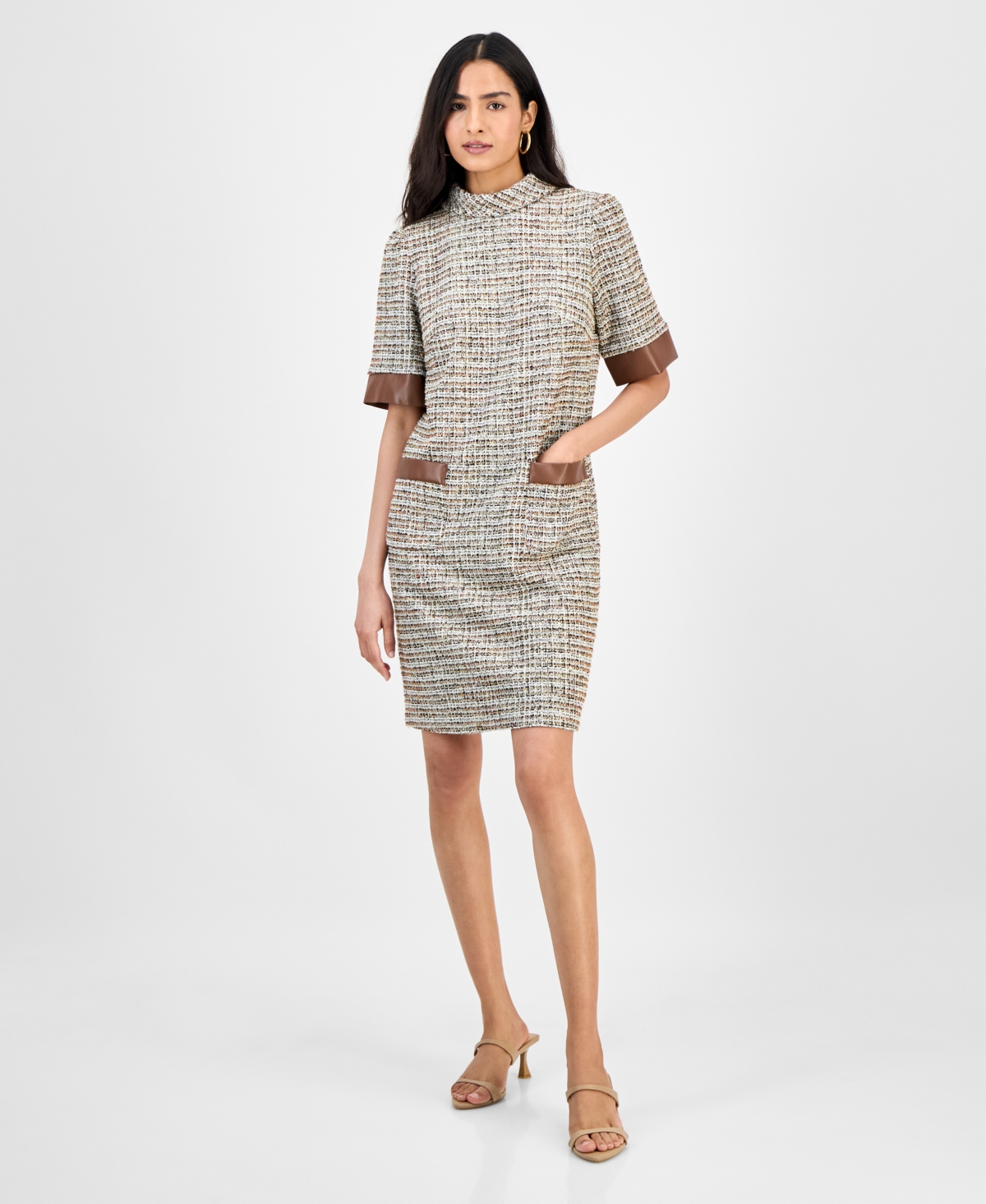 julia jordan Women’s Faux-Leather-Trim Tweed Shift Dress – Brown Mult