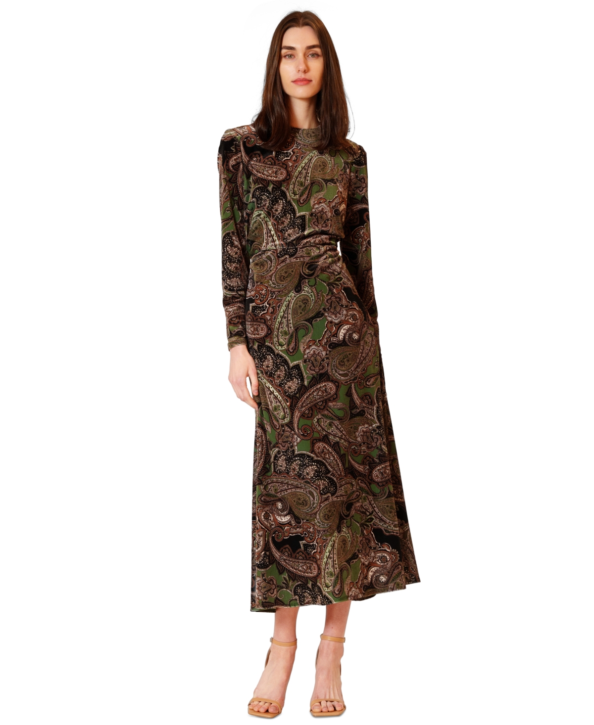 julia jordan Women’s Midi Velvet Printed Long-Sleeve Dress – Green Multi