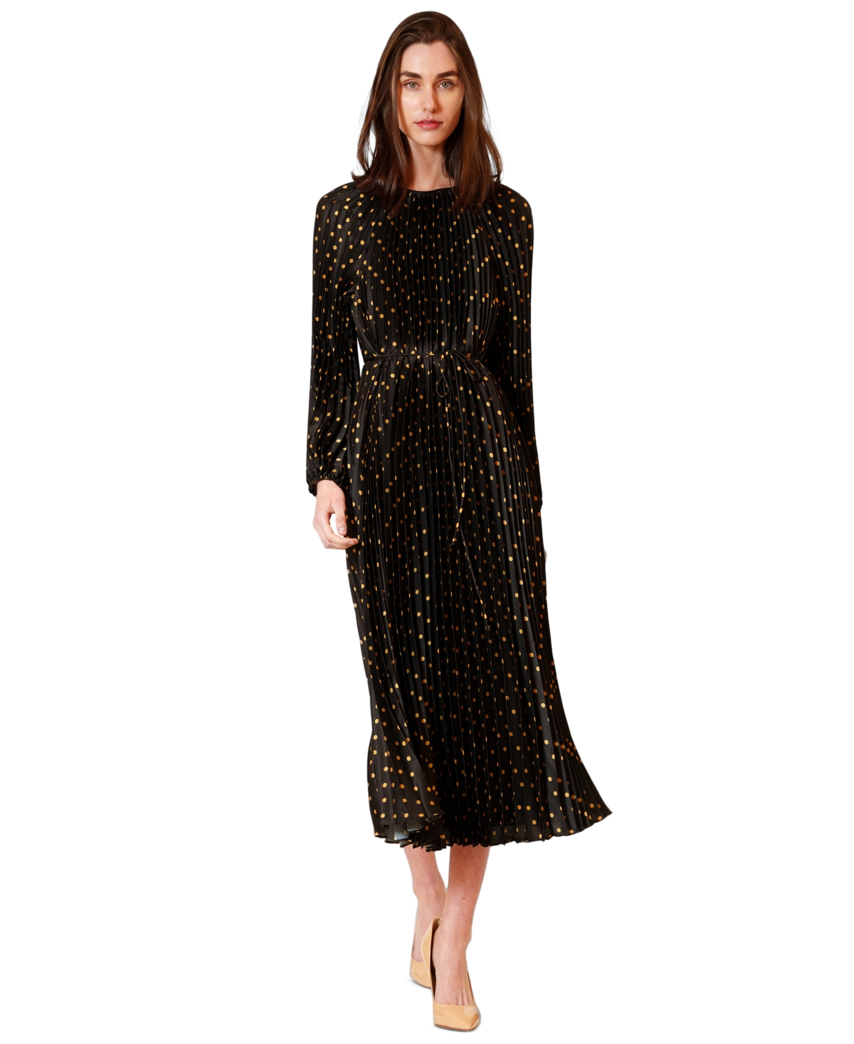 julia jordan Women’s Pleated Long-Sleeve Waist Tie Maxi Dress – Black/Gold julia jordan Women’s Pleated Long-Sleeve Waist Tie Maxi Dress – Black/Gold