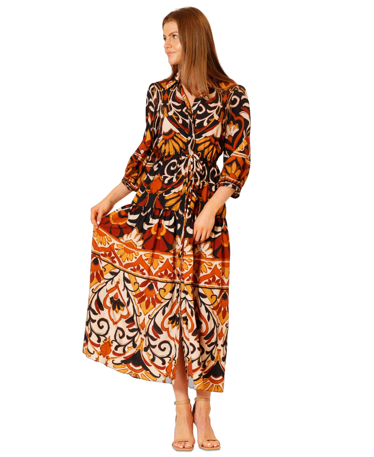 julia jordan Women’s Printed 3/4-Sleeve Midi Dress – Black Multi