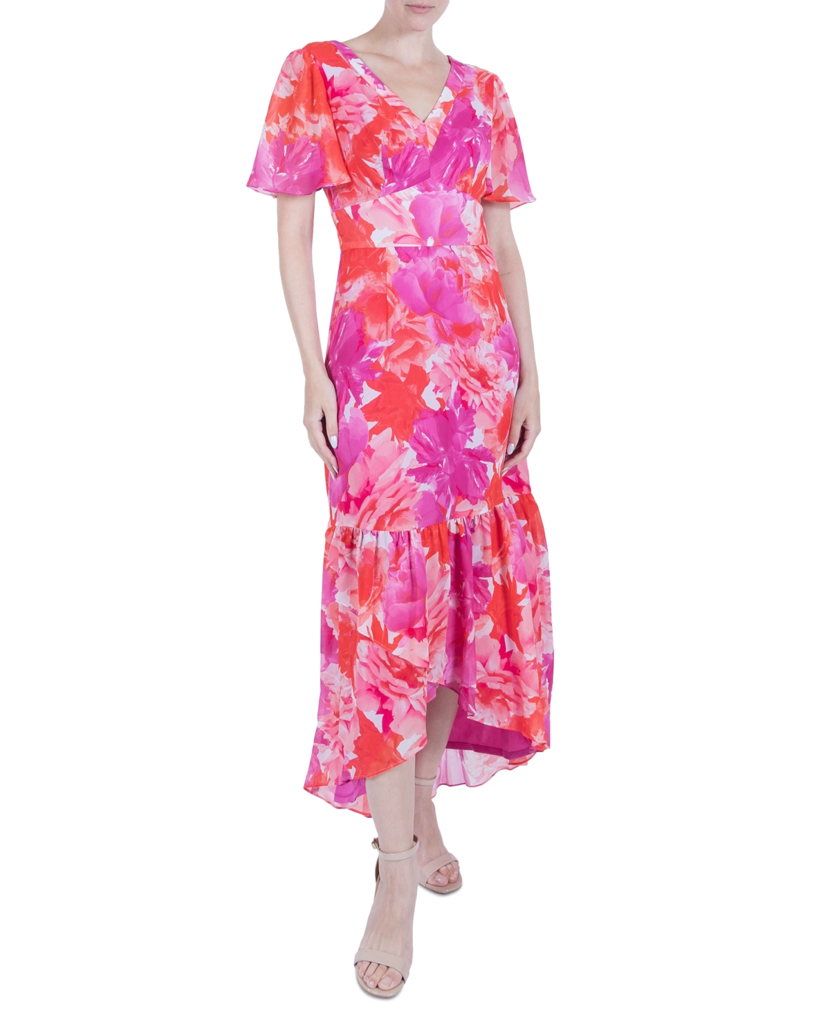 julia jordan Women’s Printed Flutter-Sleeve High-Low Maxi Dress – Pink Multi julia jordan Women’s Printed Flutter-Sleeve High-Low Maxi Dress – Pink Multi