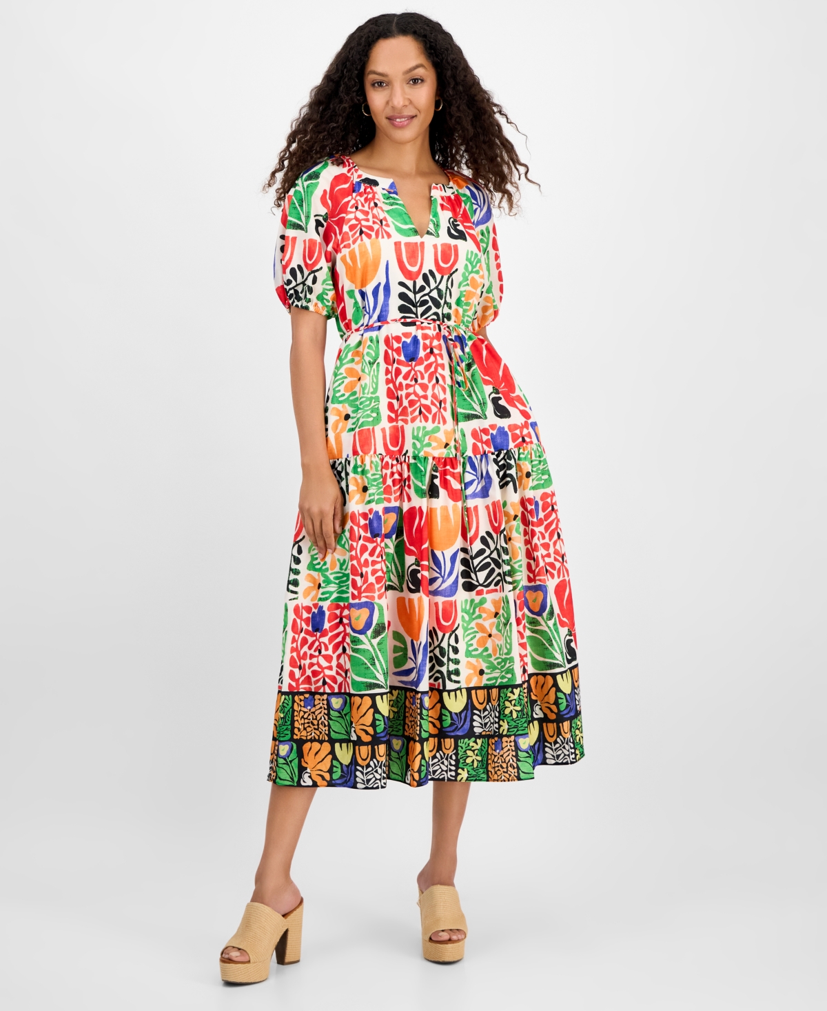 julia jordan Women’s Printed V-Neck Puff-Sleeve Midi Dress – Ivory/mult julia jordan Women’s Printed V-Neck Puff-Sleeve Midi Dress – Ivory/mult